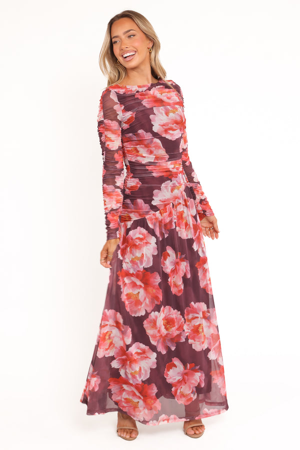 DRESSES Calypso Long Sleeve Maxi Dress - Burgundy Peony