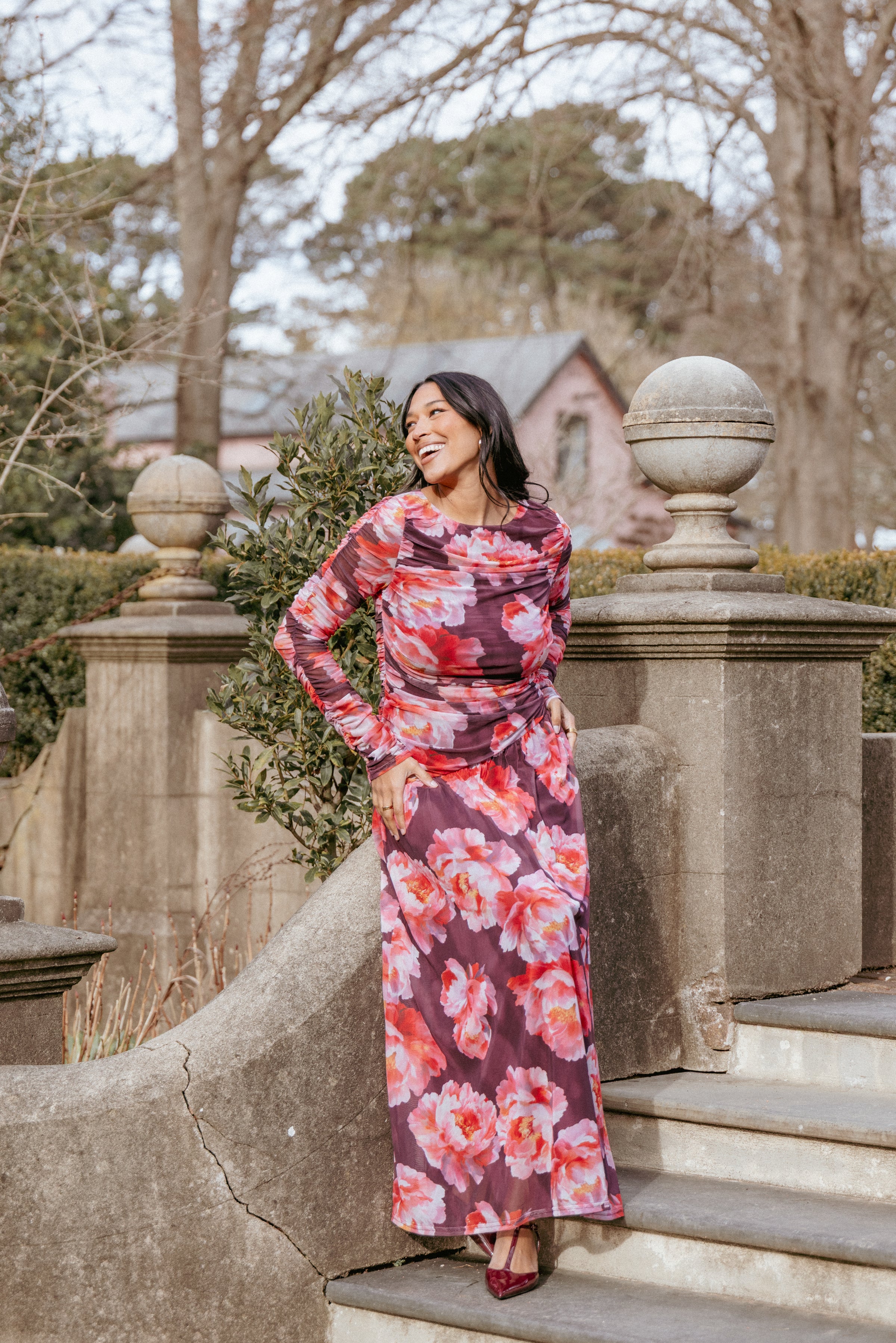 DRESSES Calypso Long Sleeve Maxi Dress - Burgundy Peony