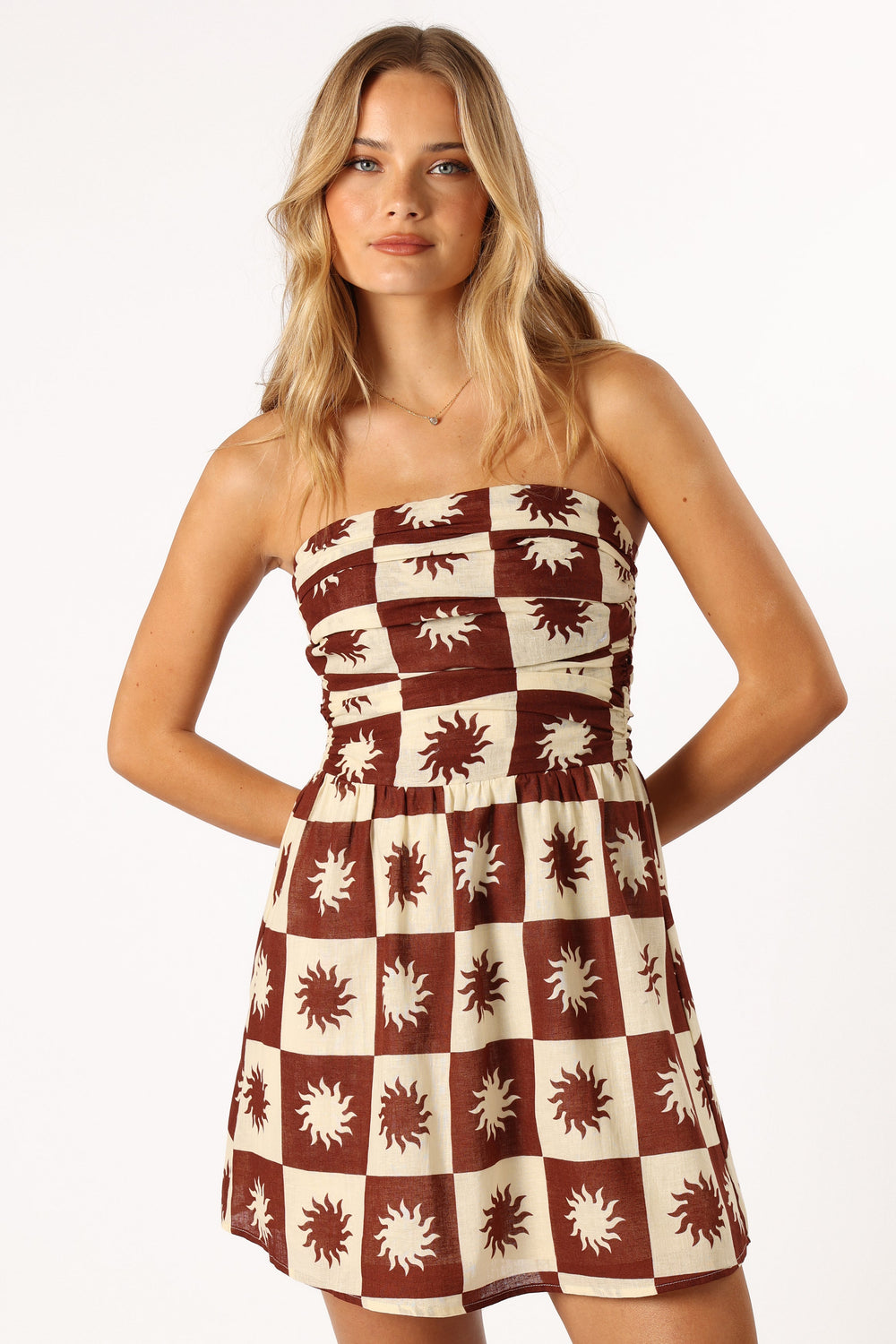 DRESSES @Cameron Strapless Mini Dress - Brown Cream