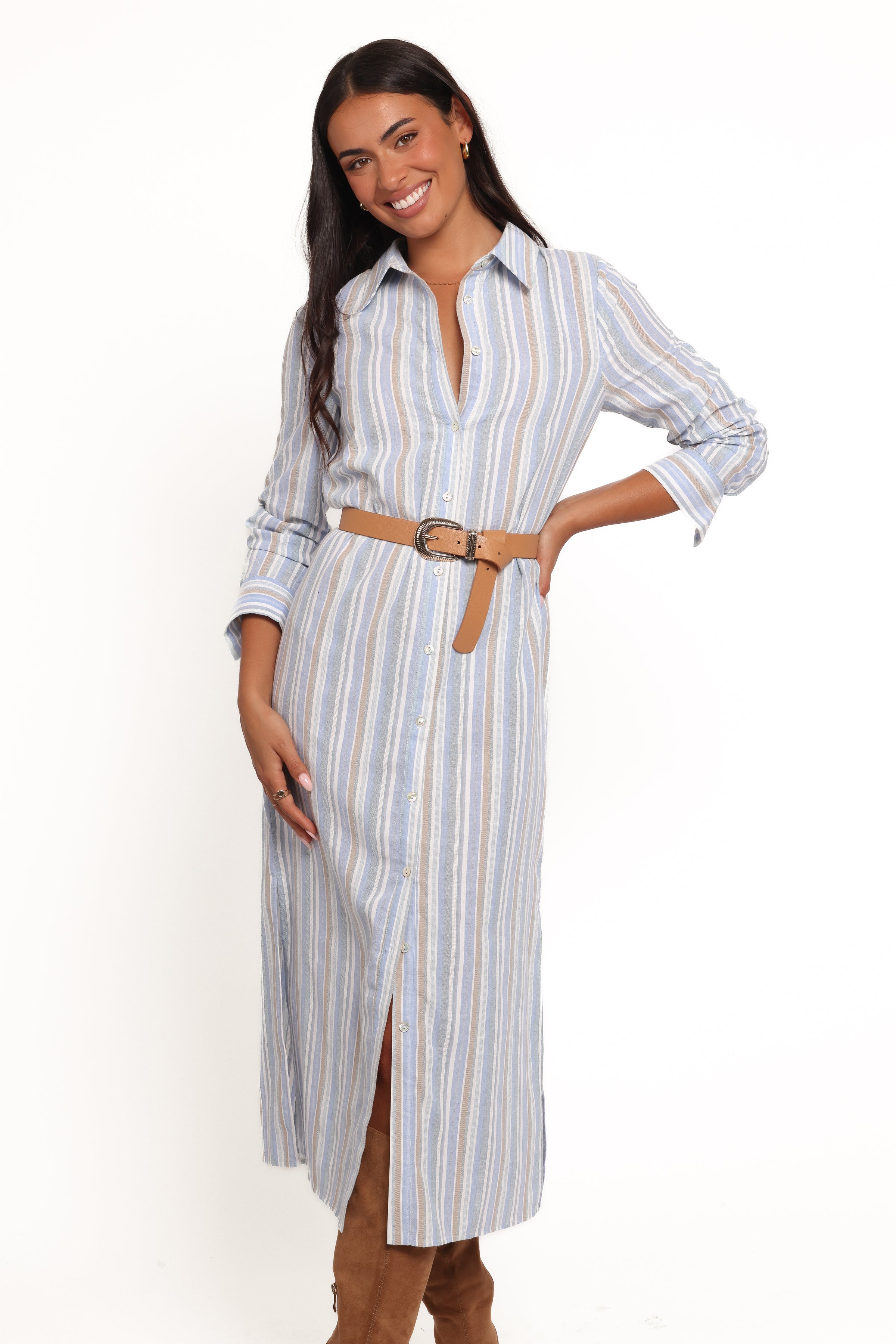 DRESSES Caprice Long Sleeve Button Down Maxi Dress - Blue Stripe