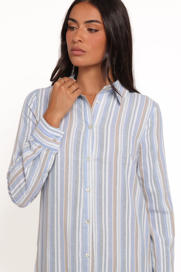 DRESSES Caprice Long Sleeve Button Down Maxi Dress - Blue Stripe