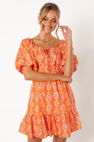DRESSES @Carmen Off Shoulder Mini Dress - Orange Print