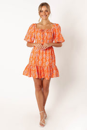 DRESSES @Carmen Off Shoulder Mini Dress - Orange Print