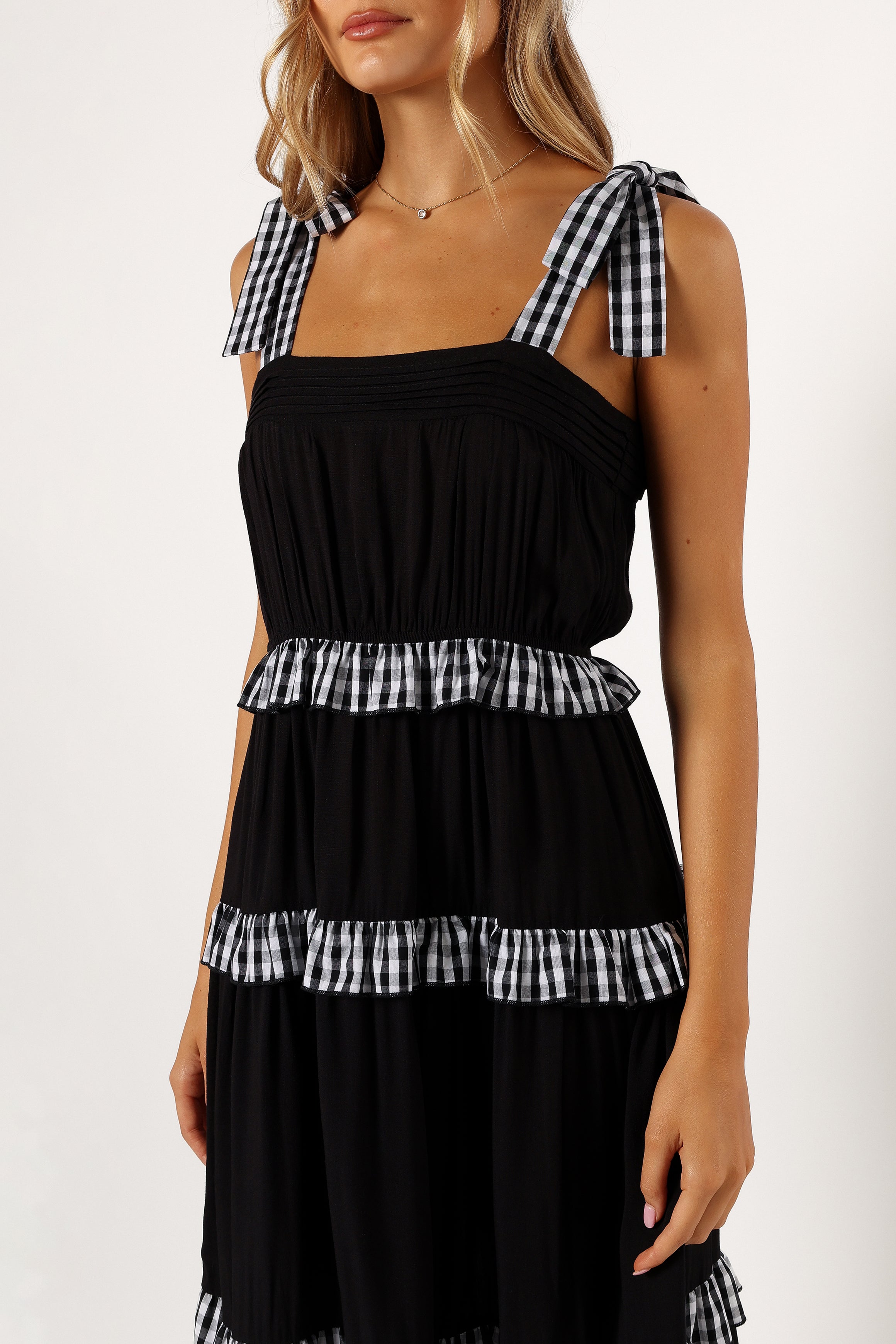 DRESSES @Chanty Tiered Midi Dress - Black Gingham