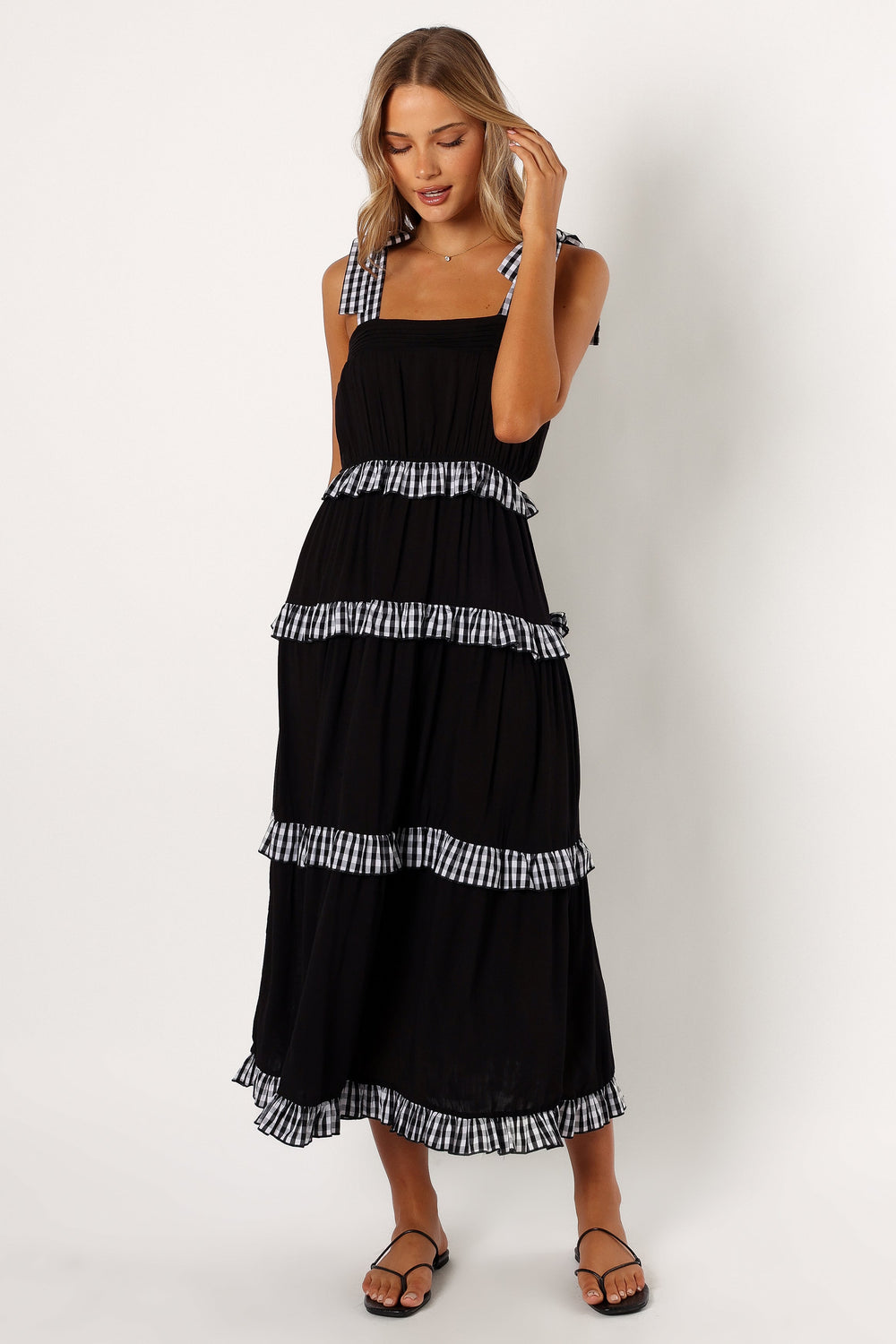 DRESSES @Chanty Tiered Midi Dress - Black Gingham