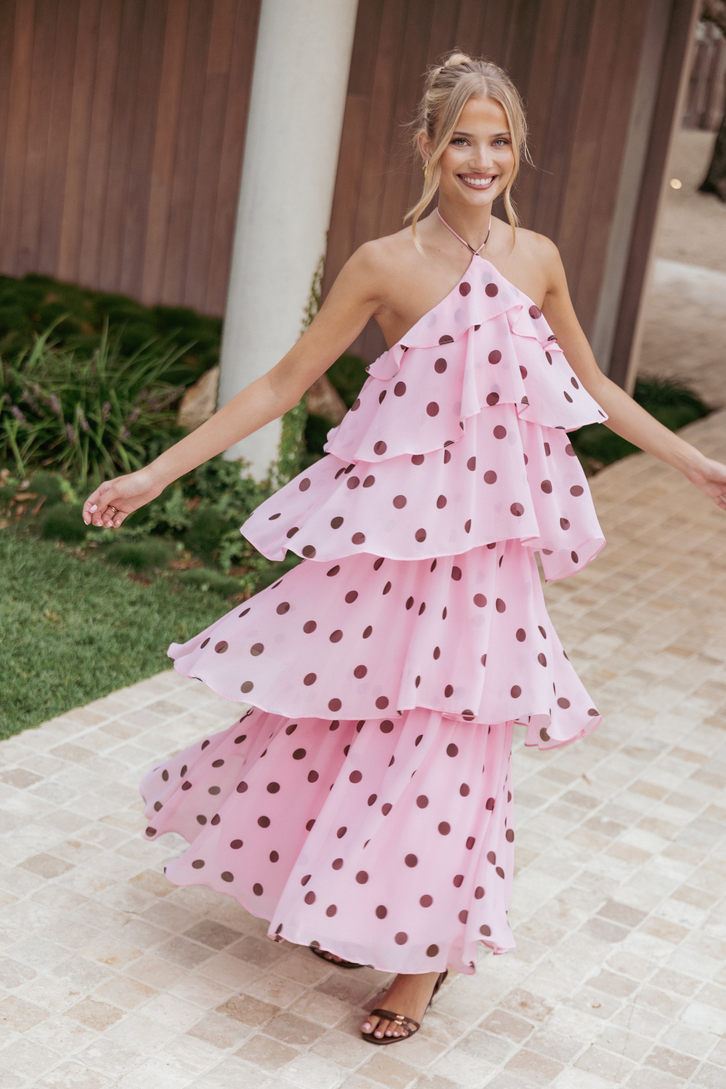 DRESSES Chasity Halterneck Maxi Dress - Pink Polka Dot