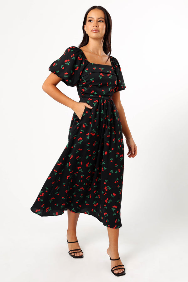 DRESSES @Chlo Puff Sleeve Midi Dress - Cherry Print