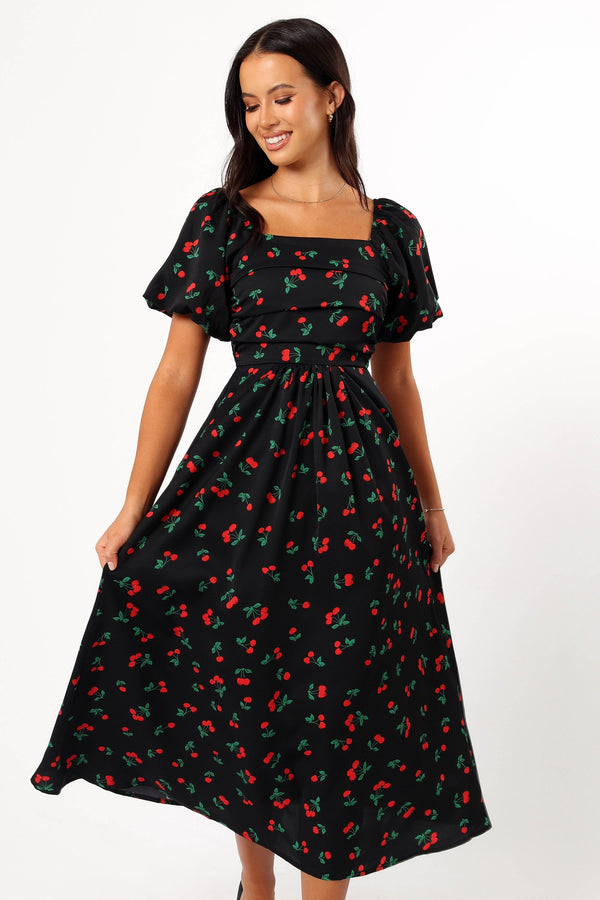 DRESSES @Chlo Puff Sleeve Midi Dress - Cherry Print