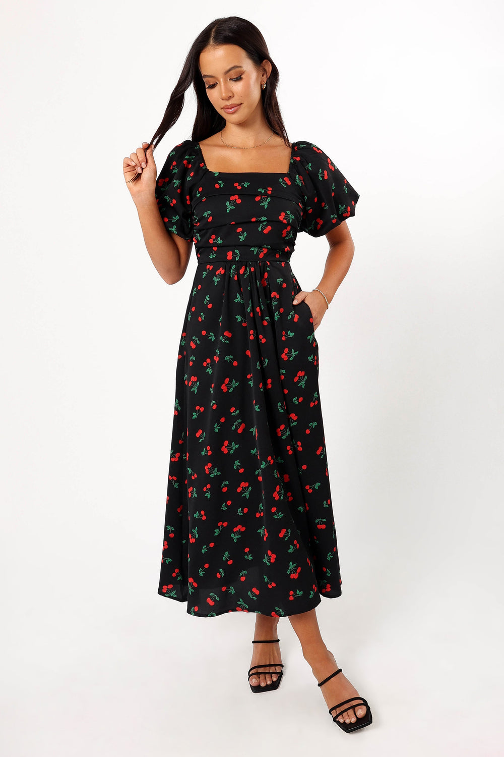 Collective Dress - Chlo Puff Sleeve Midi Dress - Cherry Print third image