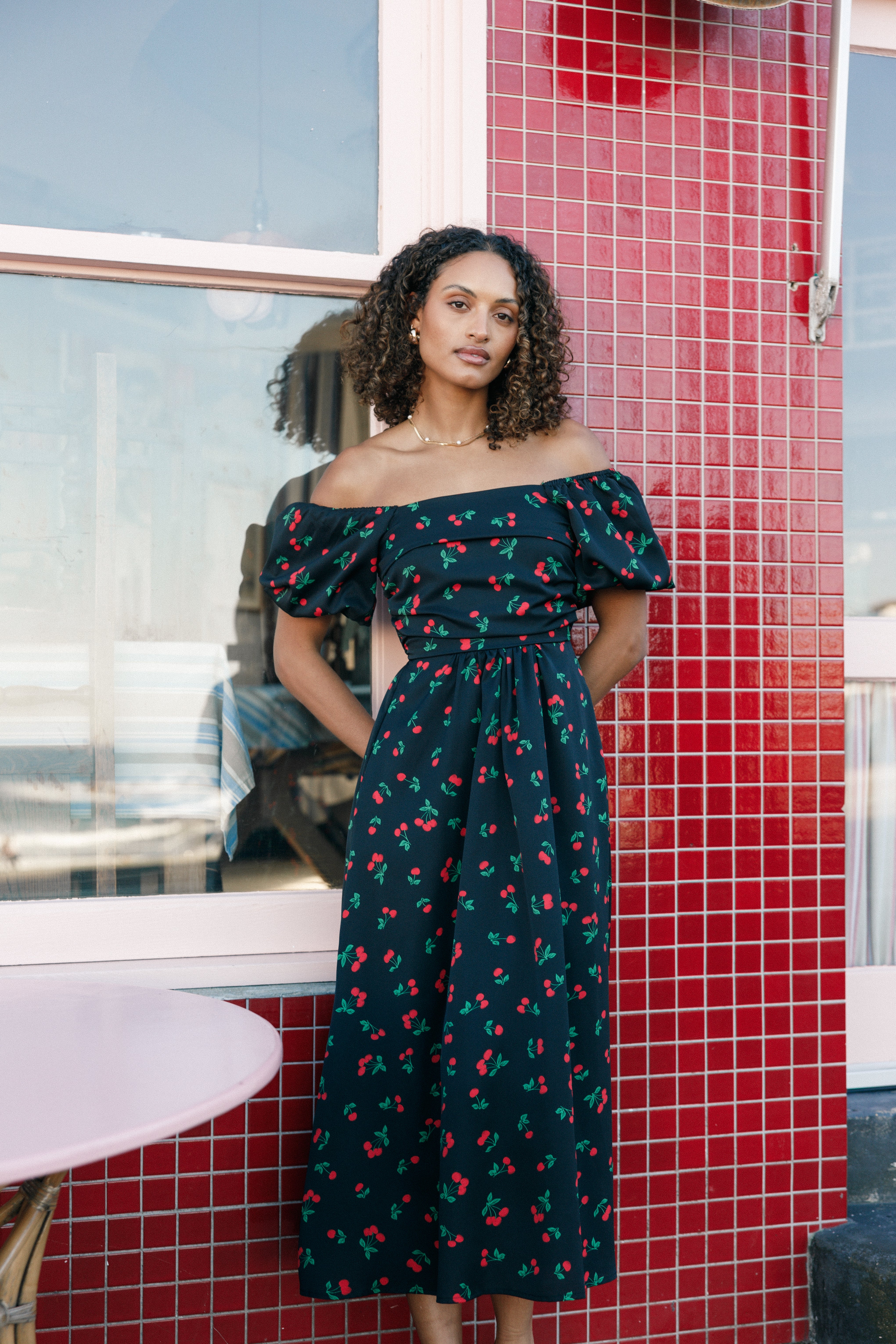 Chlo Puff Sleeve Midi Dress - Cherry Print | Petal & Pup