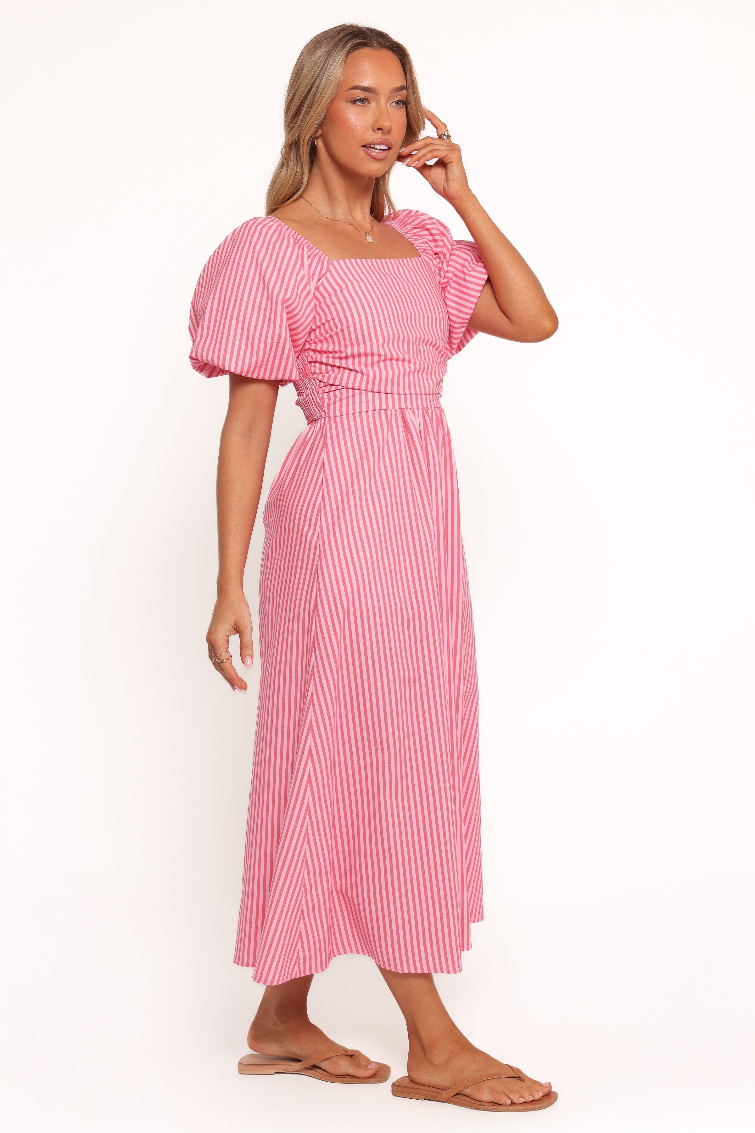 DRESSES Chlo Puff Sleeve Midi Dress - Red Stripe