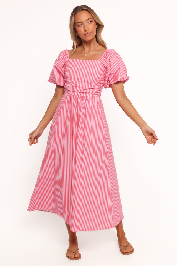 DRESSES Chlo Puff Sleeve Midi Dress - Red Stripe