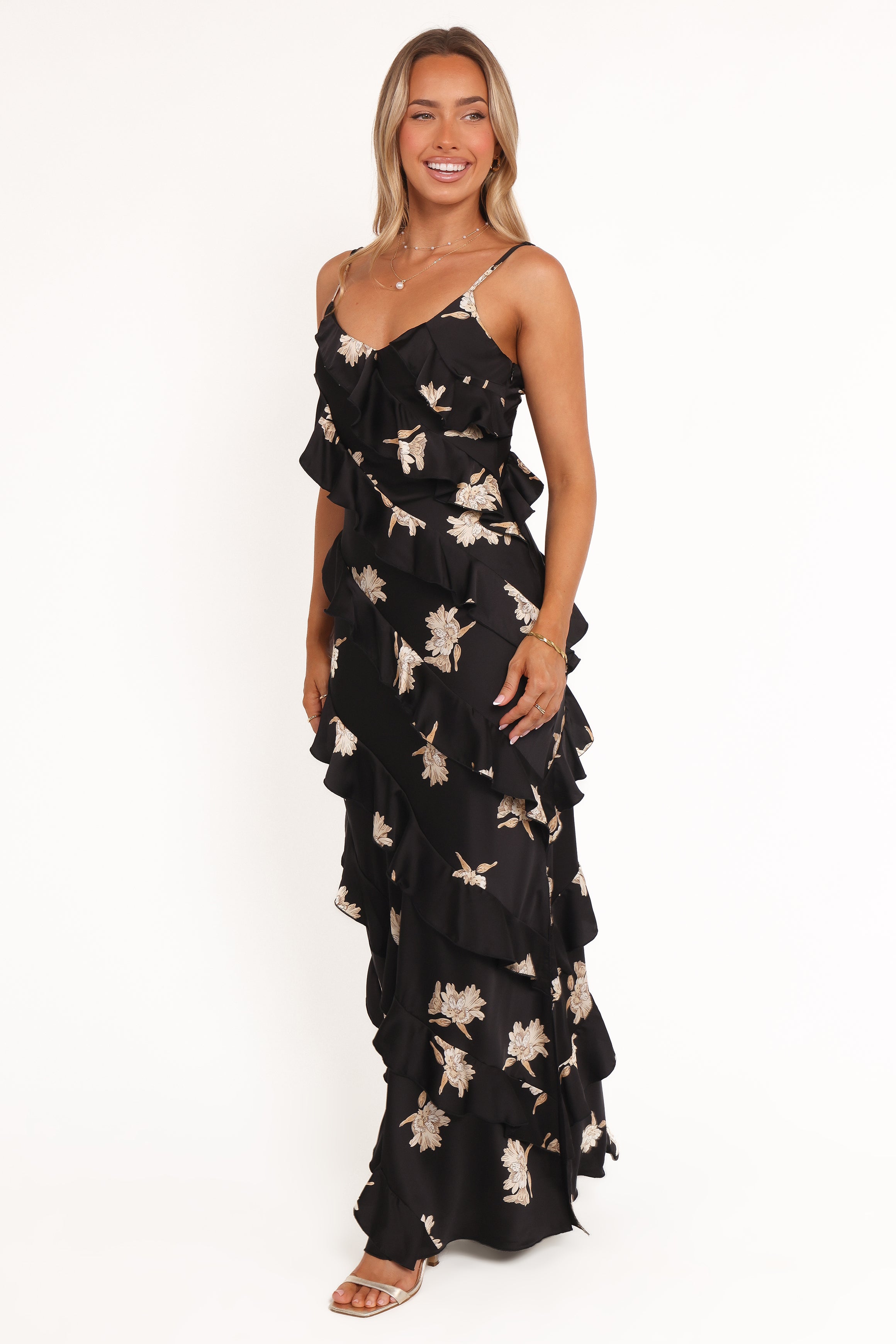 DRESSES Ciao Ruffles Maxi Satin Dress - Black Floral