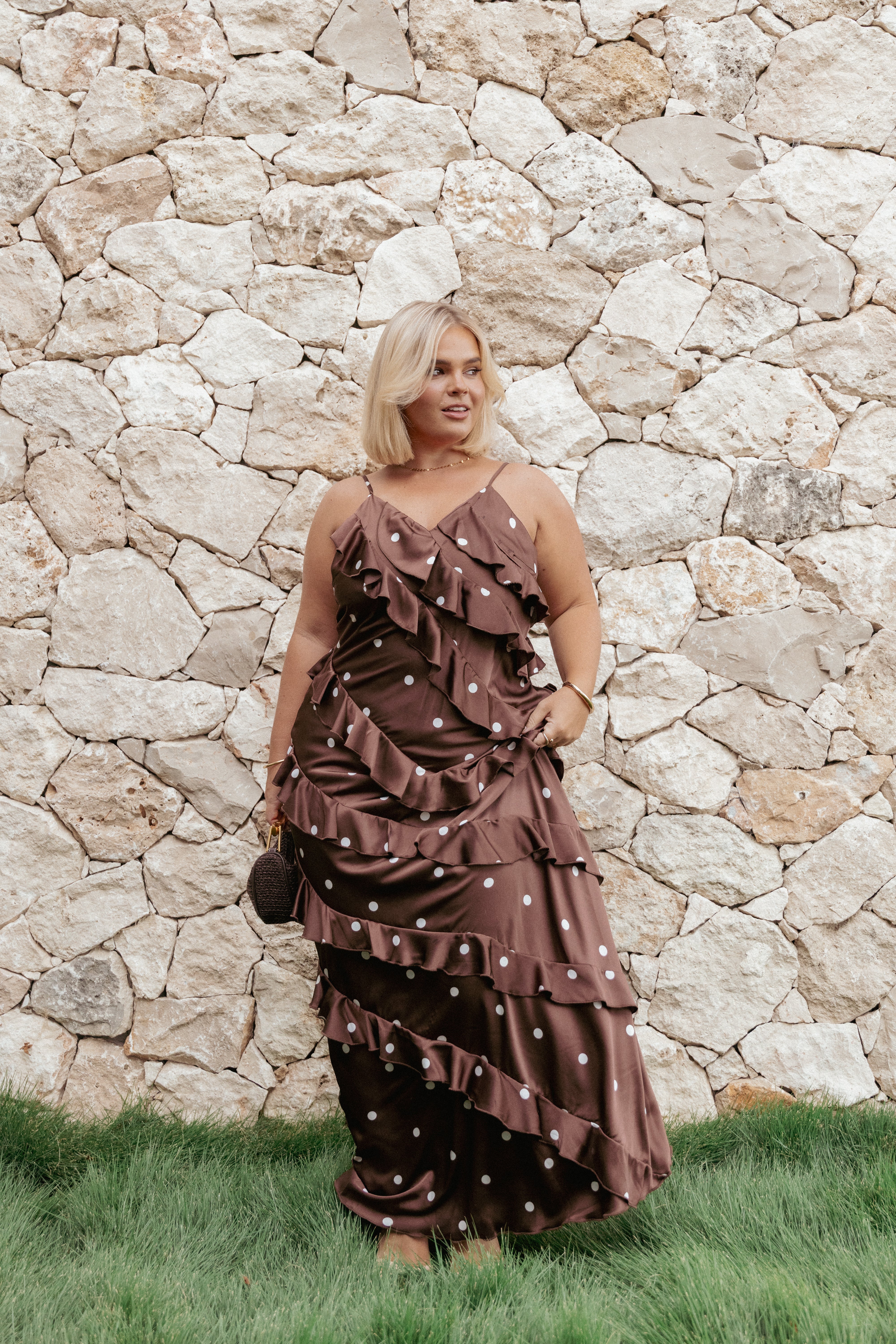 DRESSES Ciao Ruffles Maxi Satin Dress - Brown Polka Dot