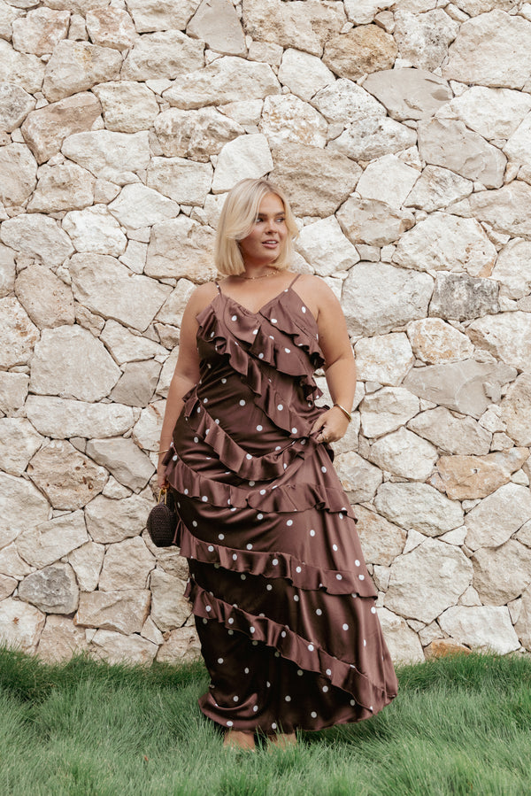 DRESSES Ciao Ruffles Maxi Satin Dress - Brown Polka Dot