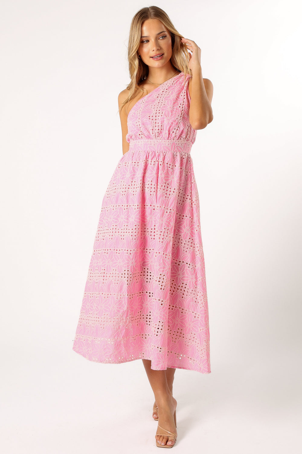 DRESSES @Cinderose One Shoulder Midi Dress - Pink