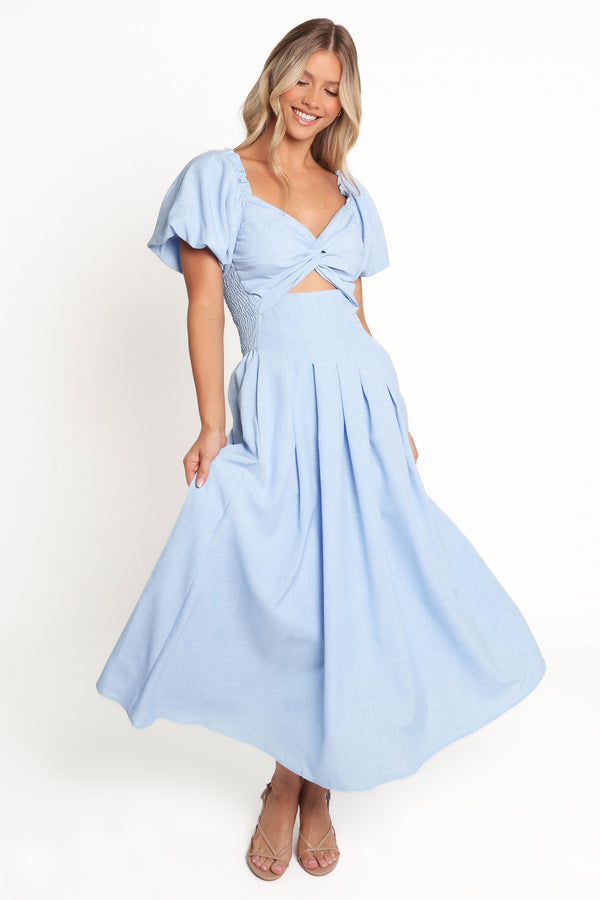 Clo Puff Sleeve Midi Dress - Blue Stripe | Petal & Pup Clo Puff Sleeve Midi Dress - Blue Stripe | Petal & Pup