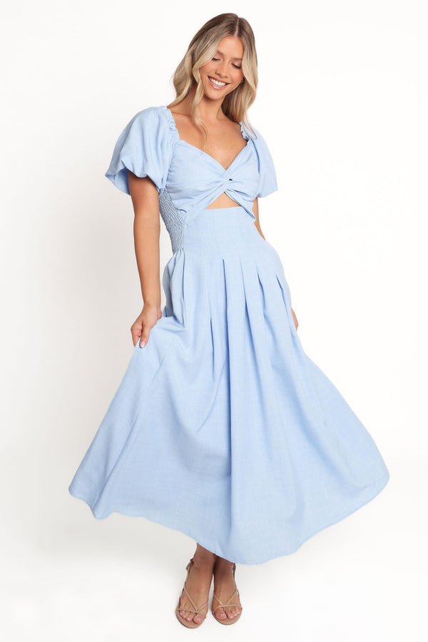 clo puff sleeve midi dress blue stripe Clo Puff Sleeve Midi Dress - Blue Stripe