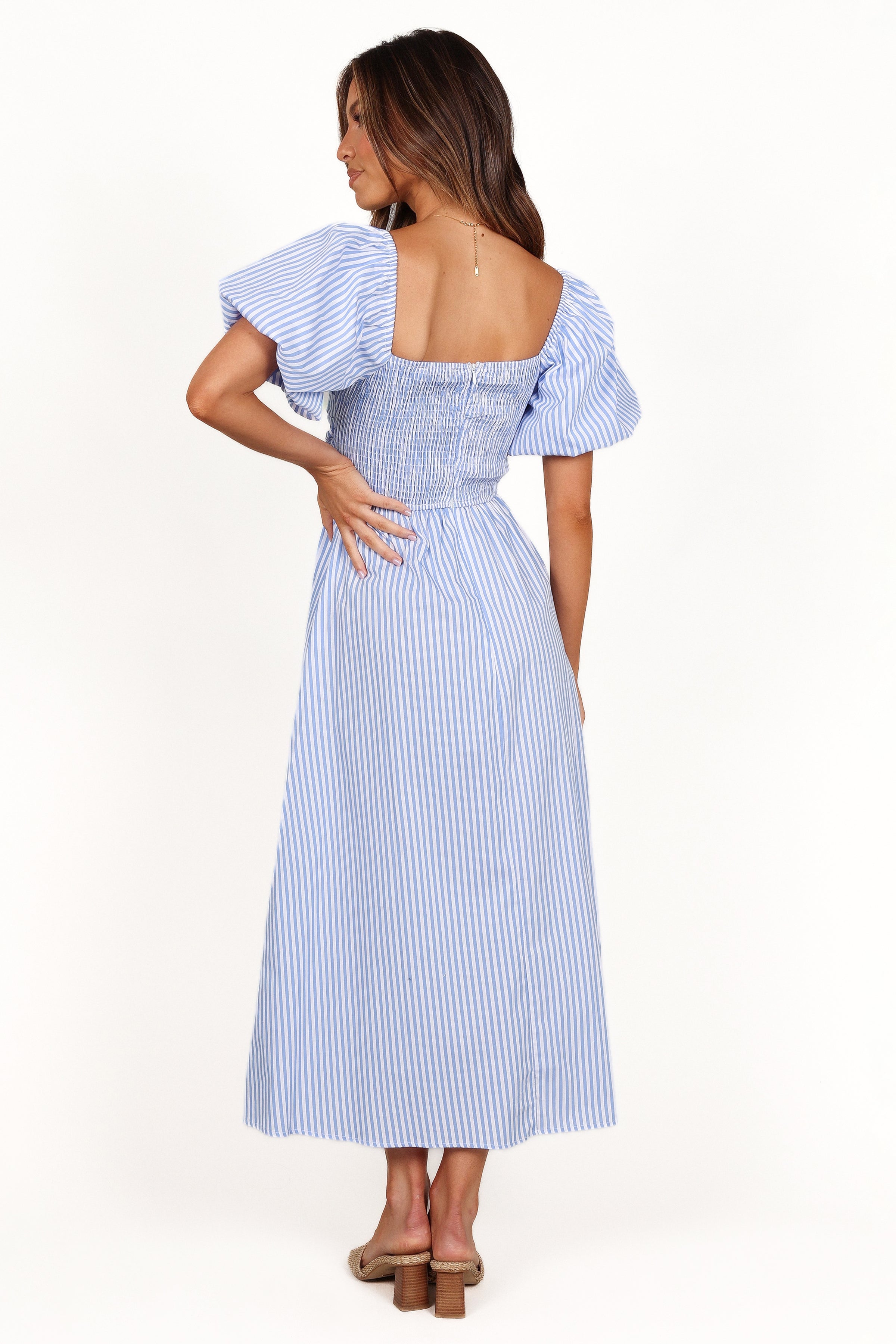 Clo Puff Sleeve Midi Dress - Blue Stripe