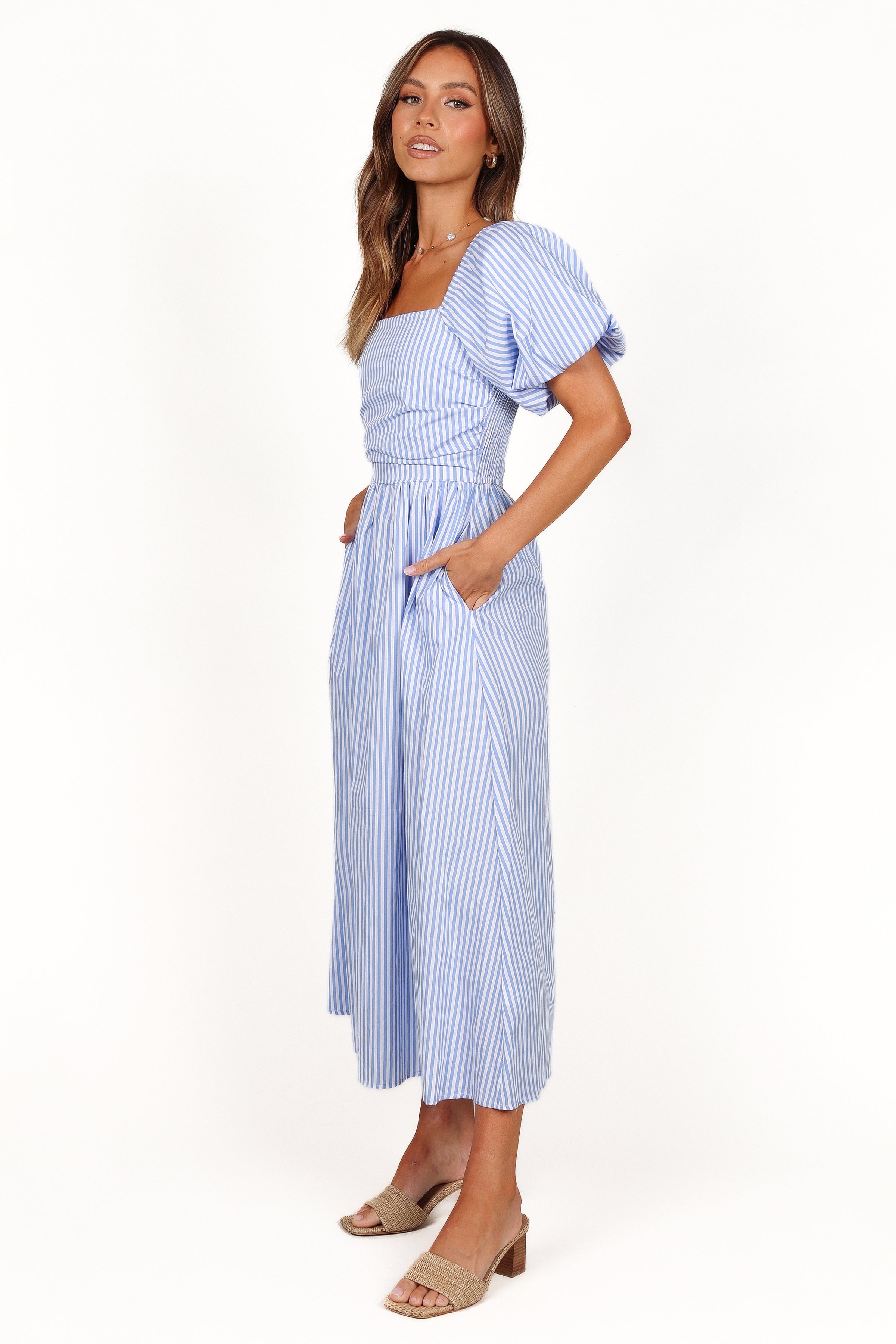DRESSES Clo Puff Sleeve Midi Dress - Blue Stripe