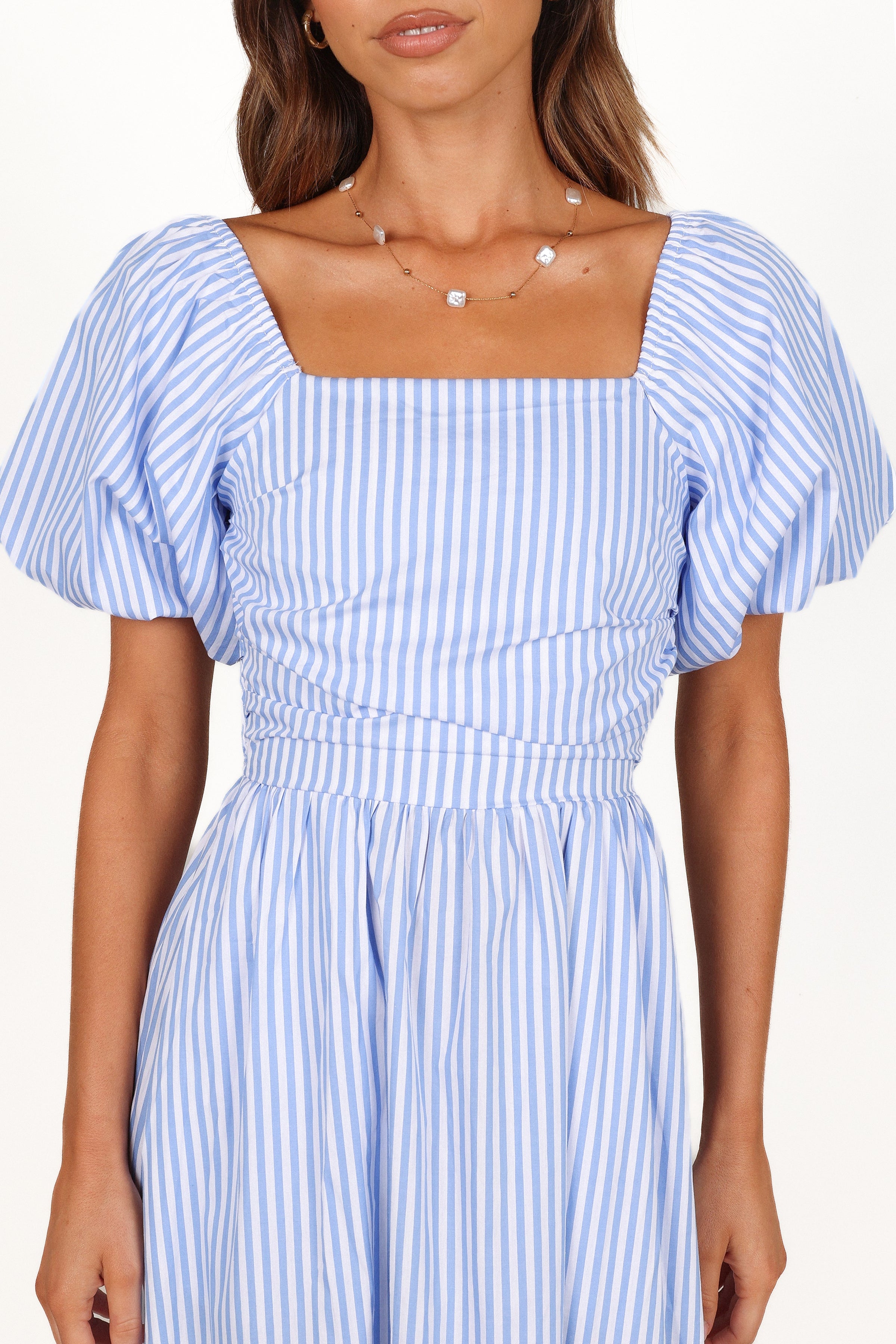 DRESSES Clo Puff Sleeve Midi Dress - Blue Stripe