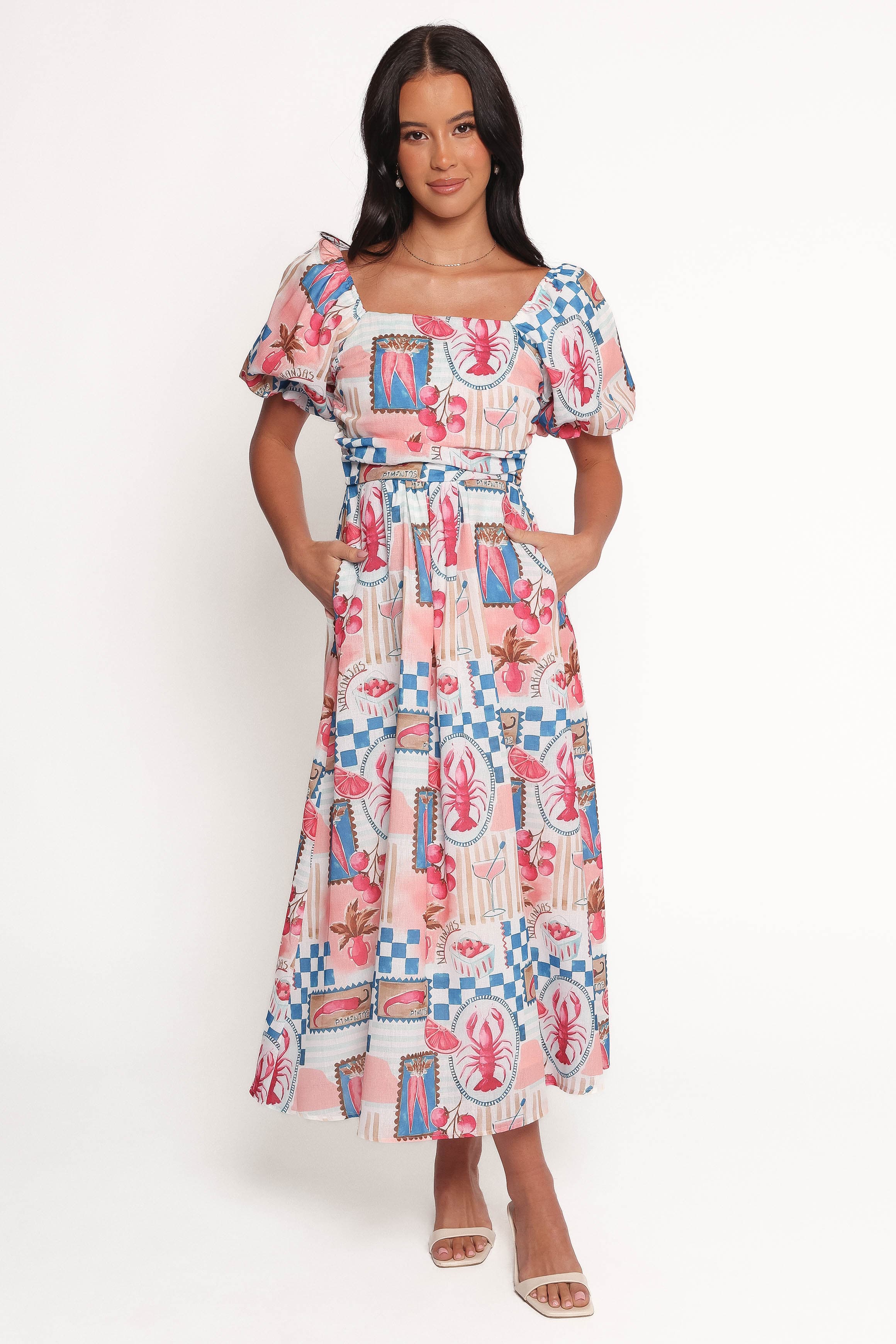 DRESSES Clo Puff Sleeve Midi Dress - Pink Blue