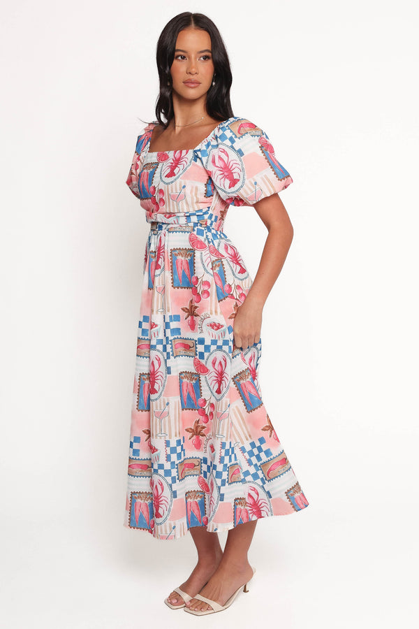 DRESSES Clo Puff Sleeve Midi Dress - Pink Blue