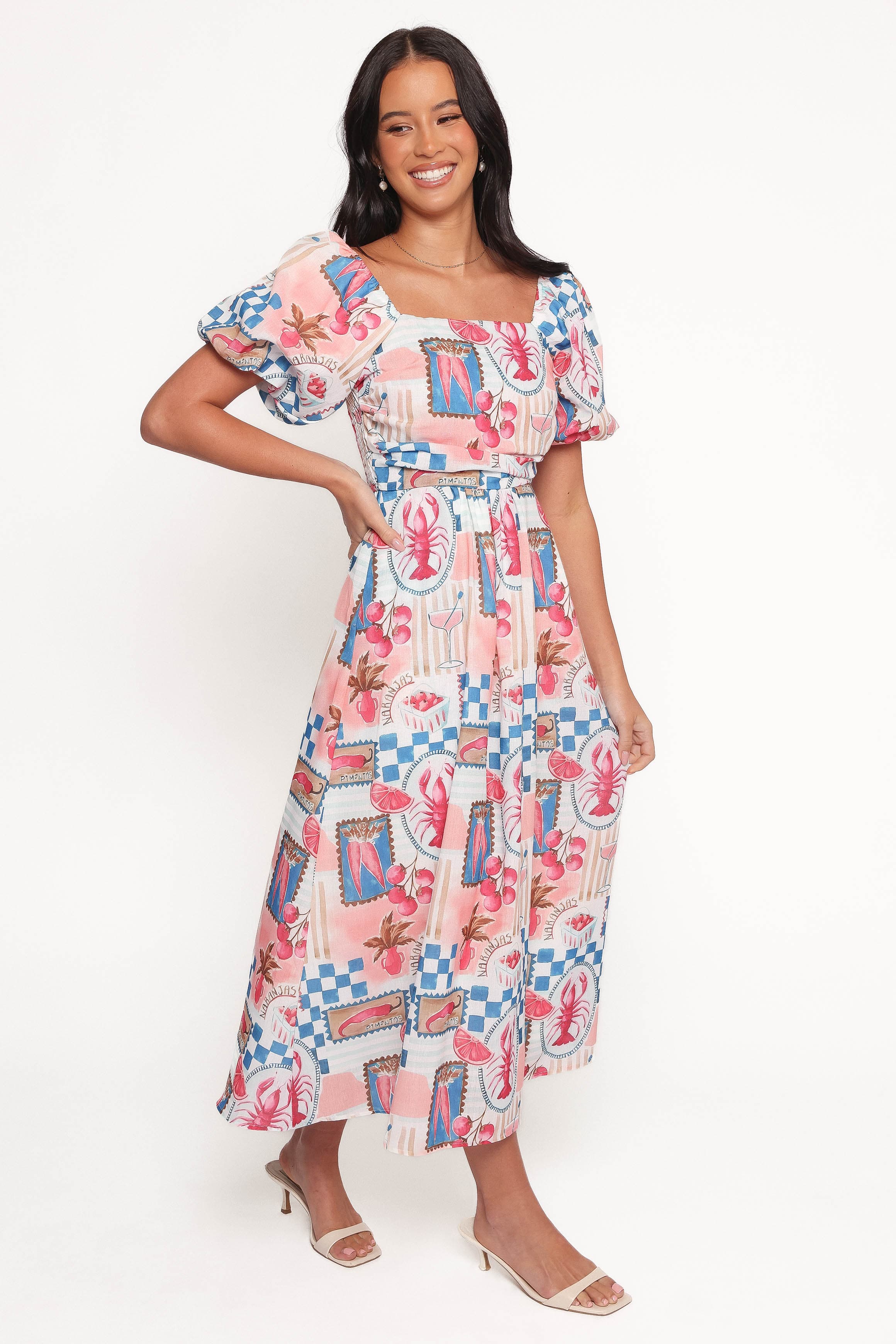 DRESSES Clo Puff Sleeve Midi Dress - Pink Blue