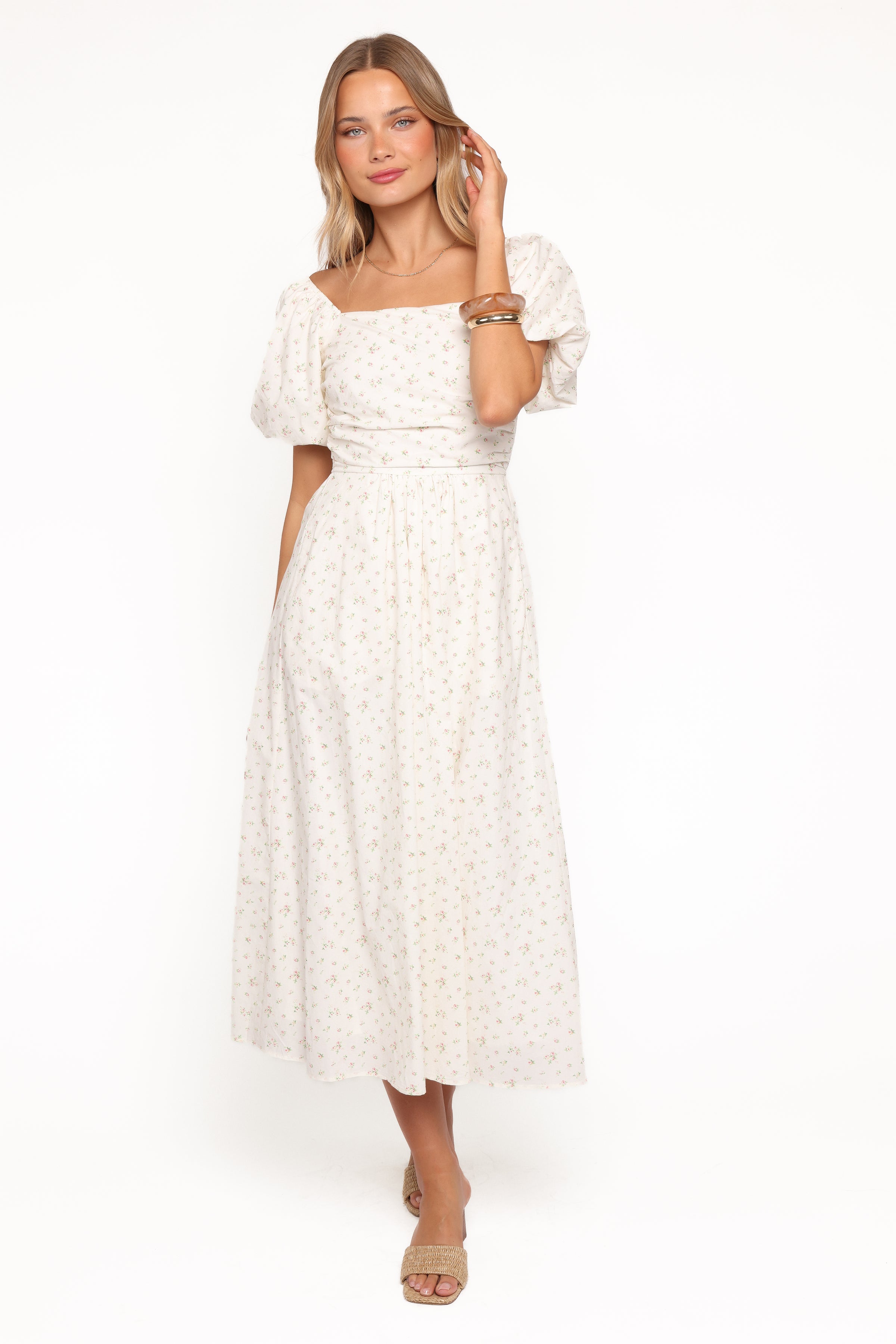 DRESSES Clo Puff Sleeve Midi Dress - White Betty