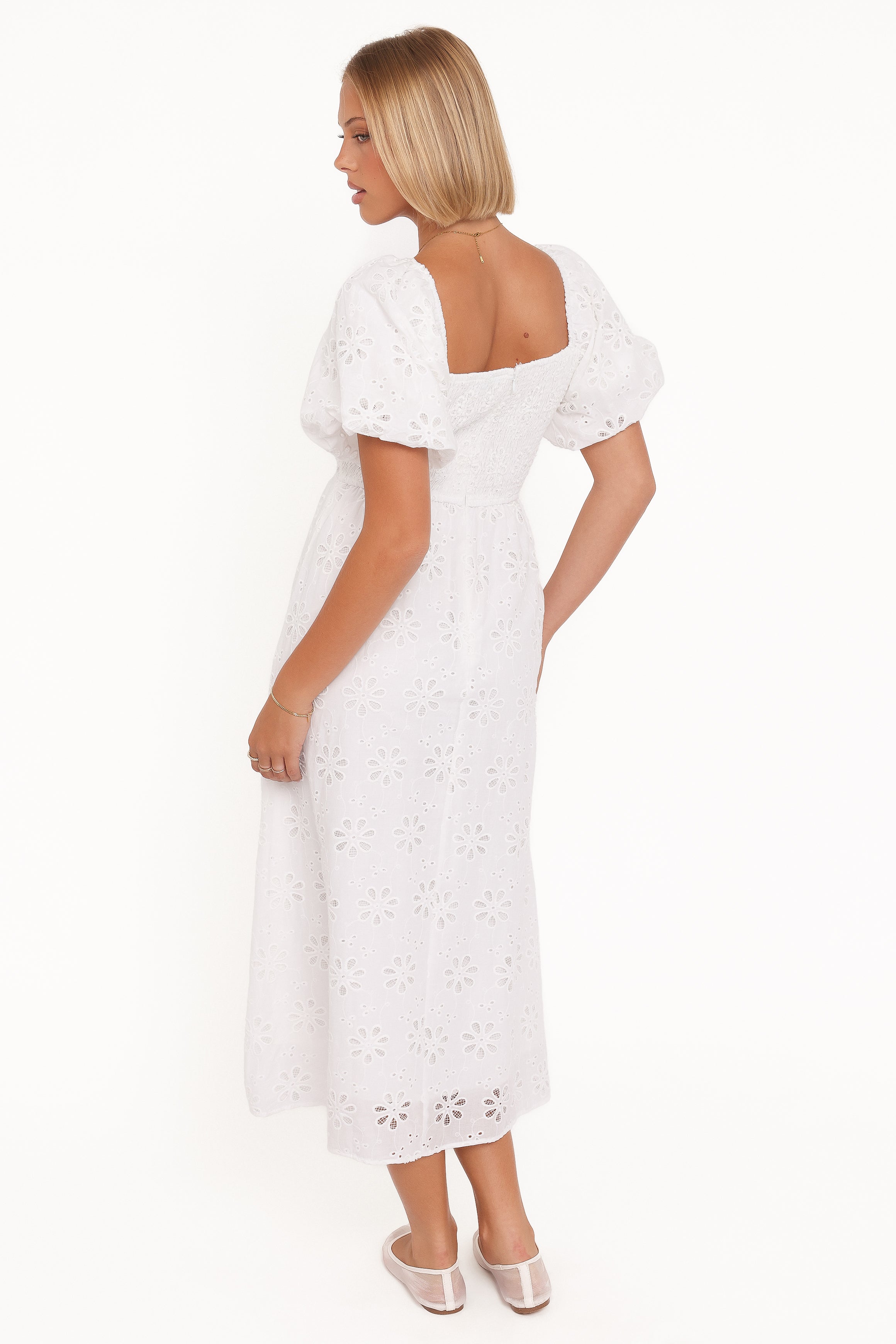 DRESSES Clo Puff Sleeve Midi Dress - White Broderie