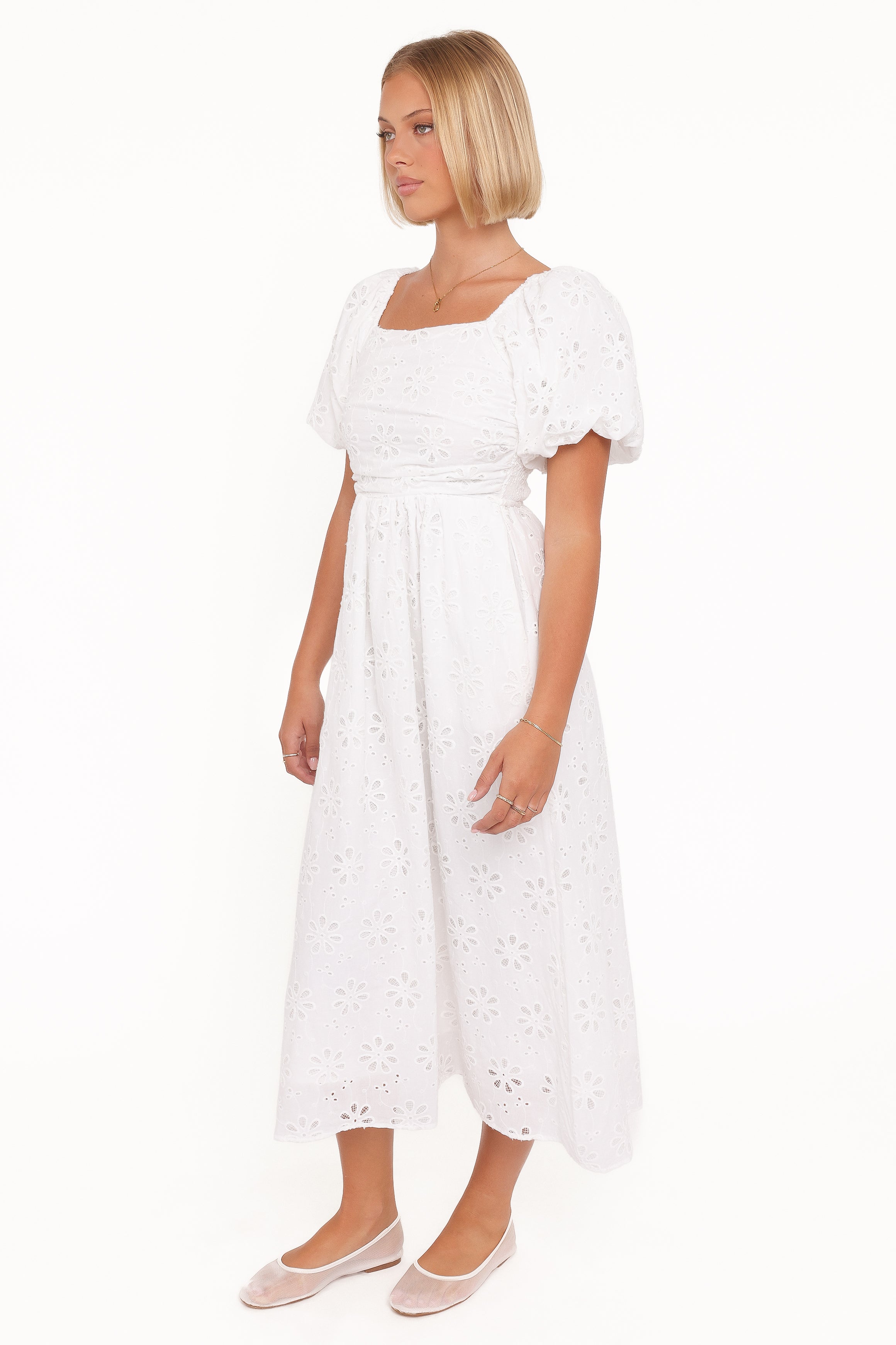 DRESSES Clo Puff Sleeve Midi Dress - White Broderie