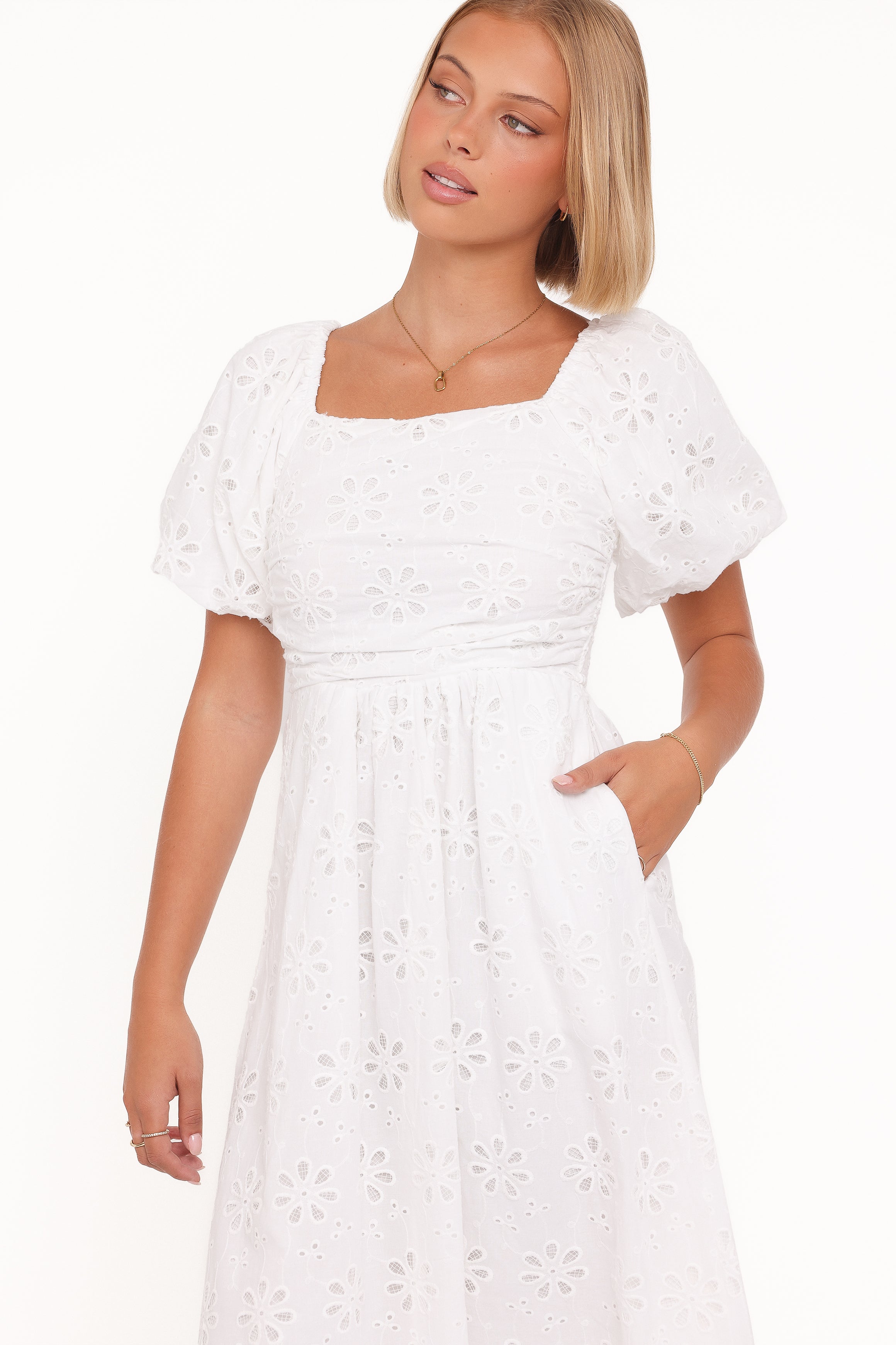 DRESSES Clo Puff Sleeve Midi Dress - White Broderie