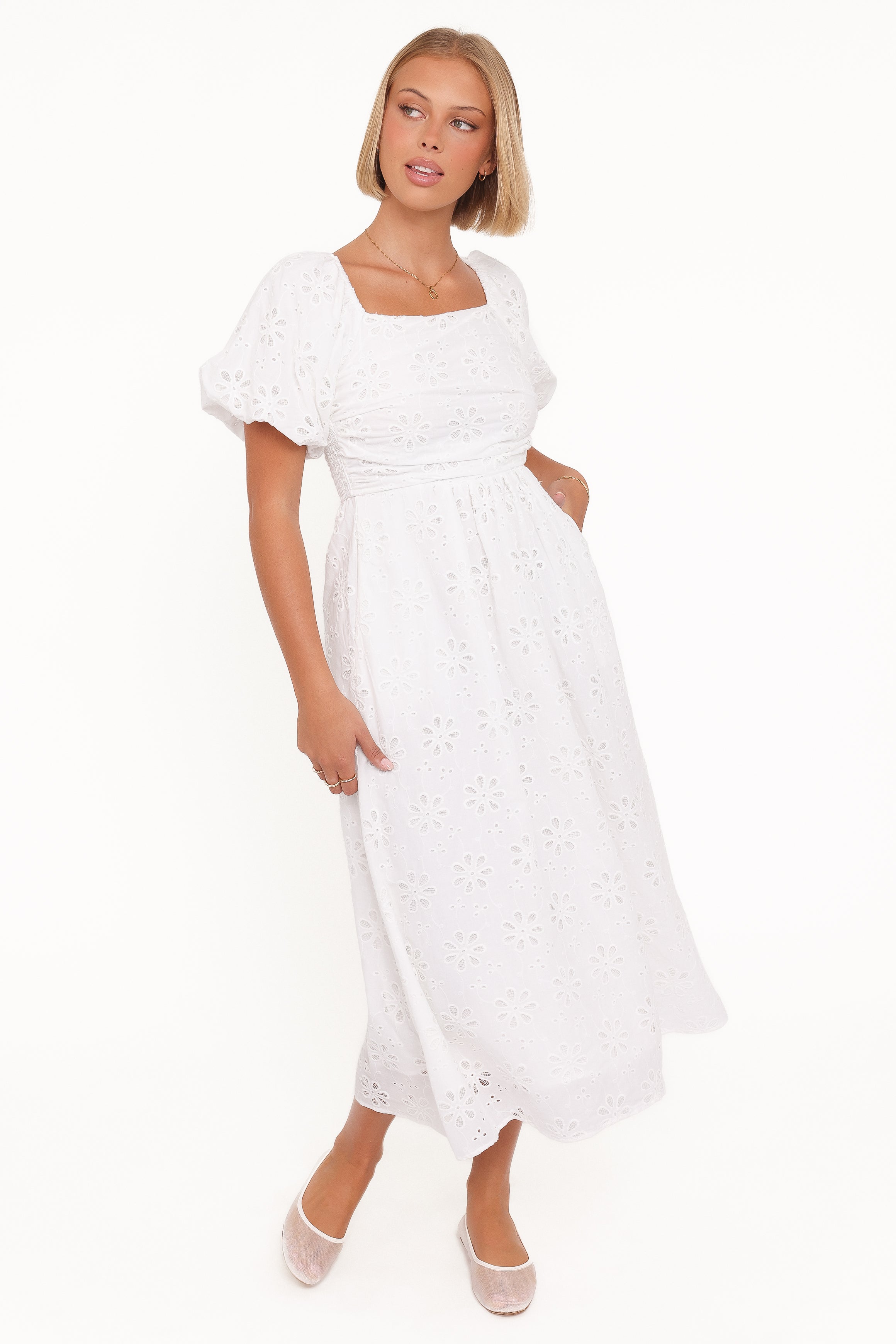 DRESSES Clo Puff Sleeve Midi Dress - White Broderie