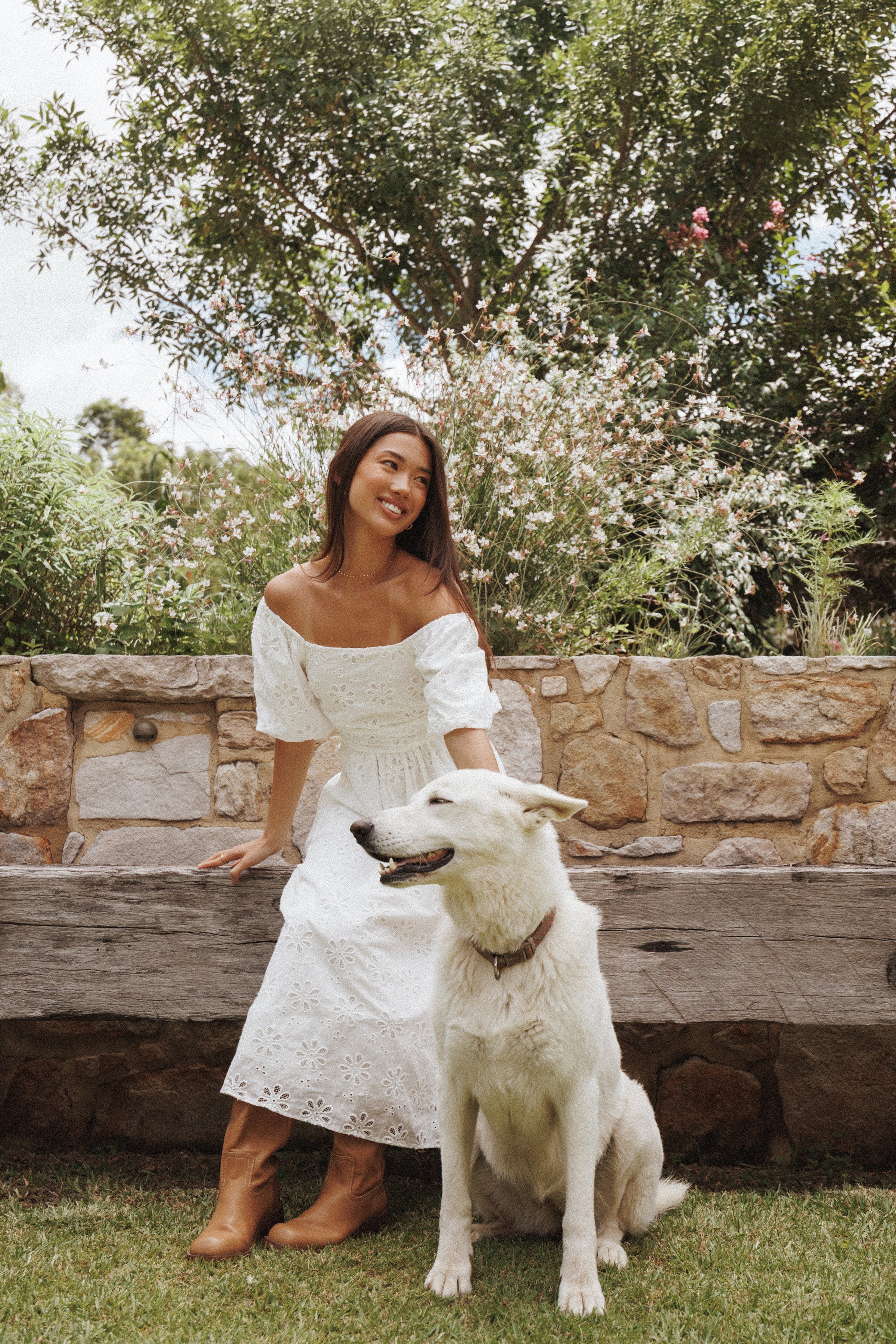 DRESSES Clo Puff Sleeve Midi Dress - White Broderie