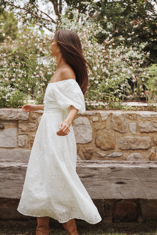 DRESSES Clo Puff Sleeve Midi Dress - White Broderie