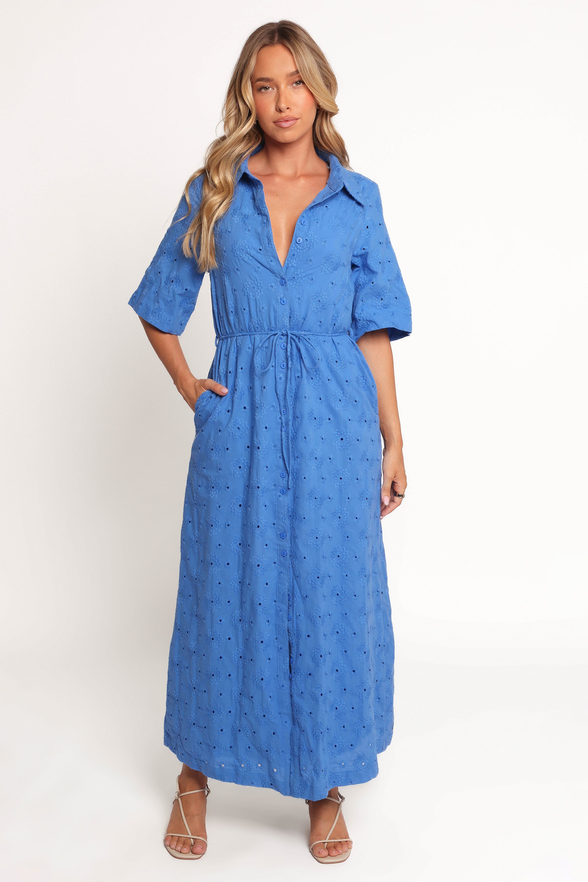 DRESSES Cooper Embroidered Button Through Midi Dress - Cobalt