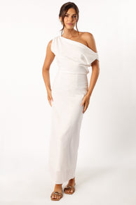 DRESSES @Cosma Off Shoulder Maxi Linen Dress - White