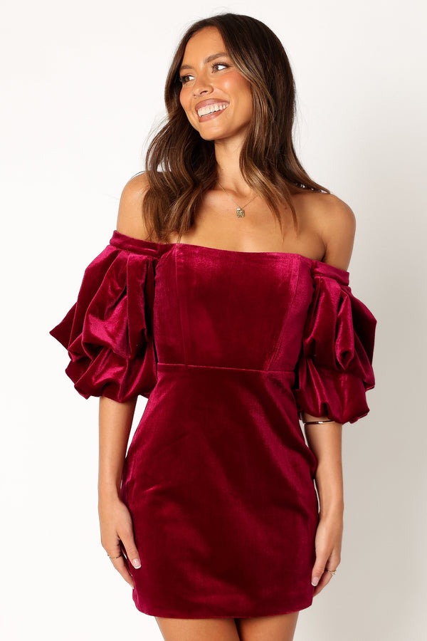 DRESSES @Dali Off Shoulder Velvet Mini Dress - Ruby