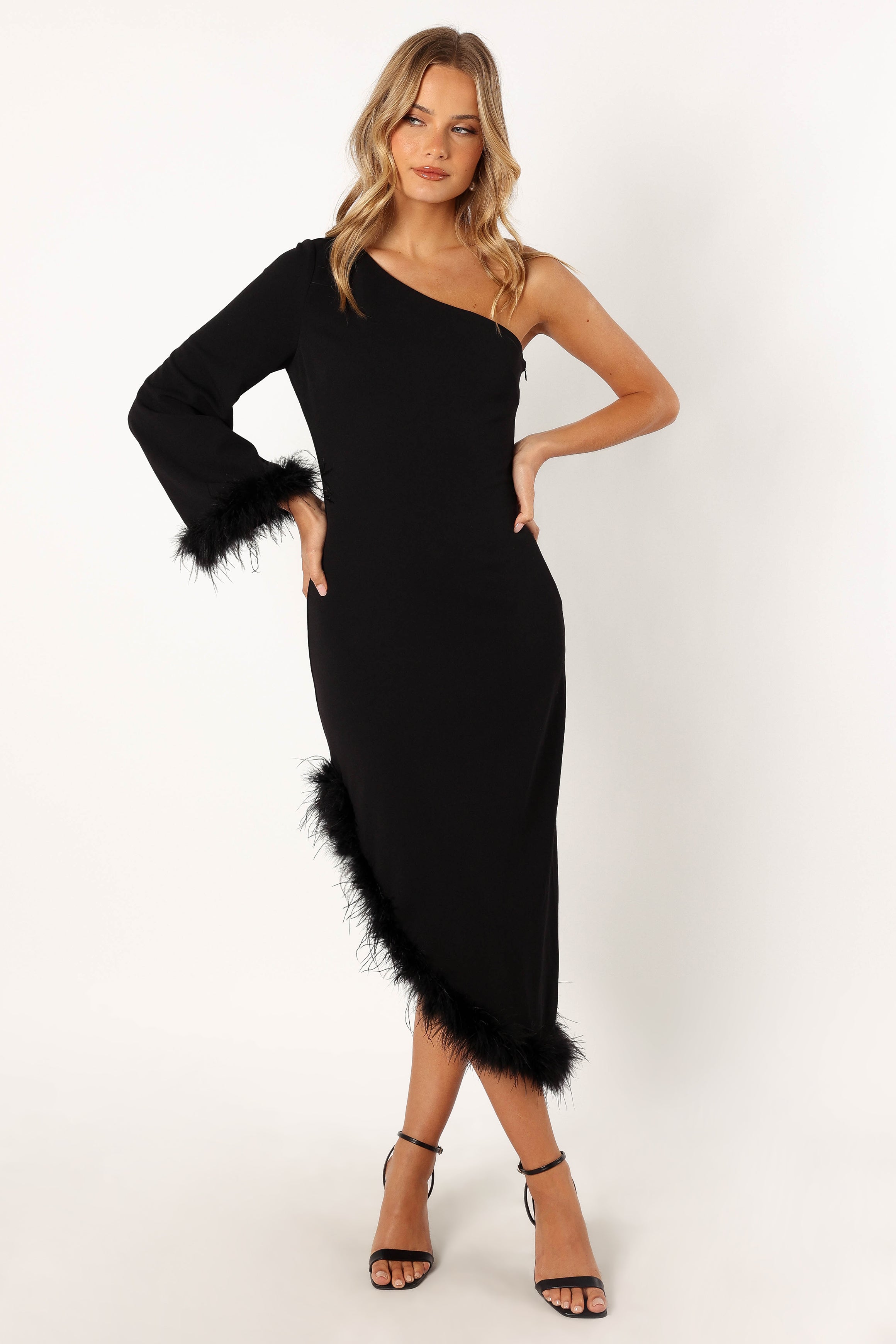 DRESSES @Dame One Shoulder Feather Midi Dress - Black