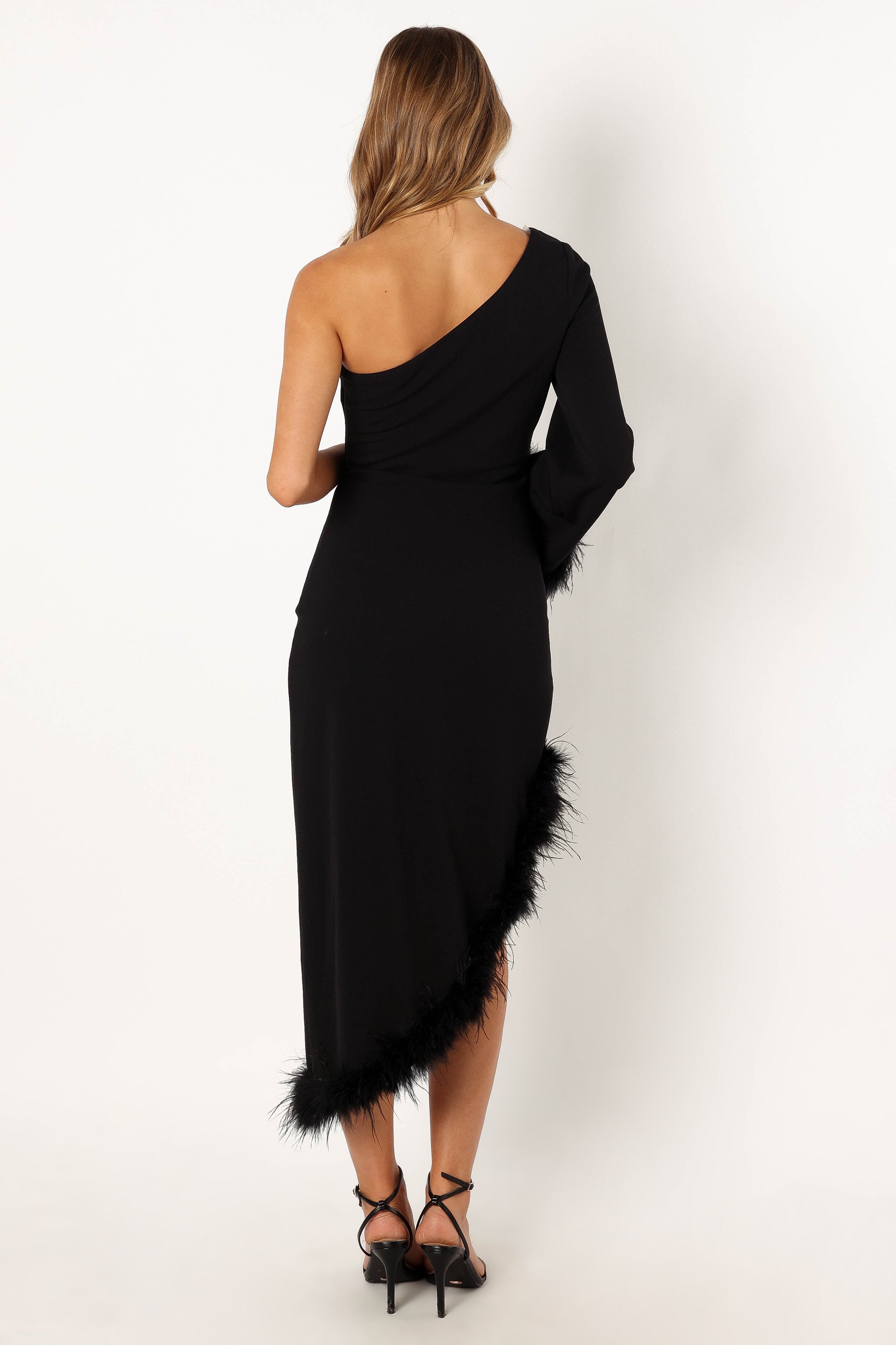 DRESSES @Dame One Shoulder Feather Midi Dress - Black