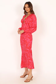DRESSES @Daphne Long Sleeve Midi Dress - Pink Red