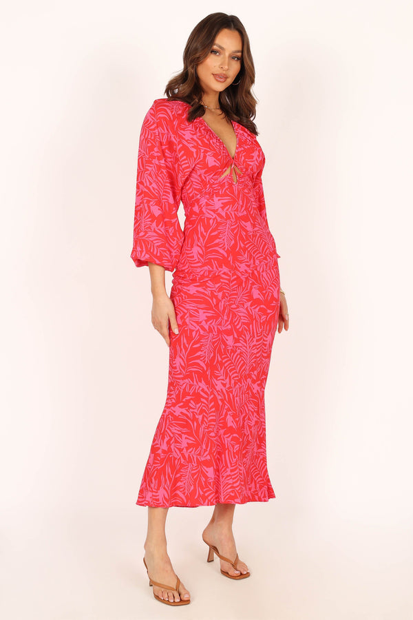 DRESSES @Daphne Long Sleeve Midi Dress - Pink Red