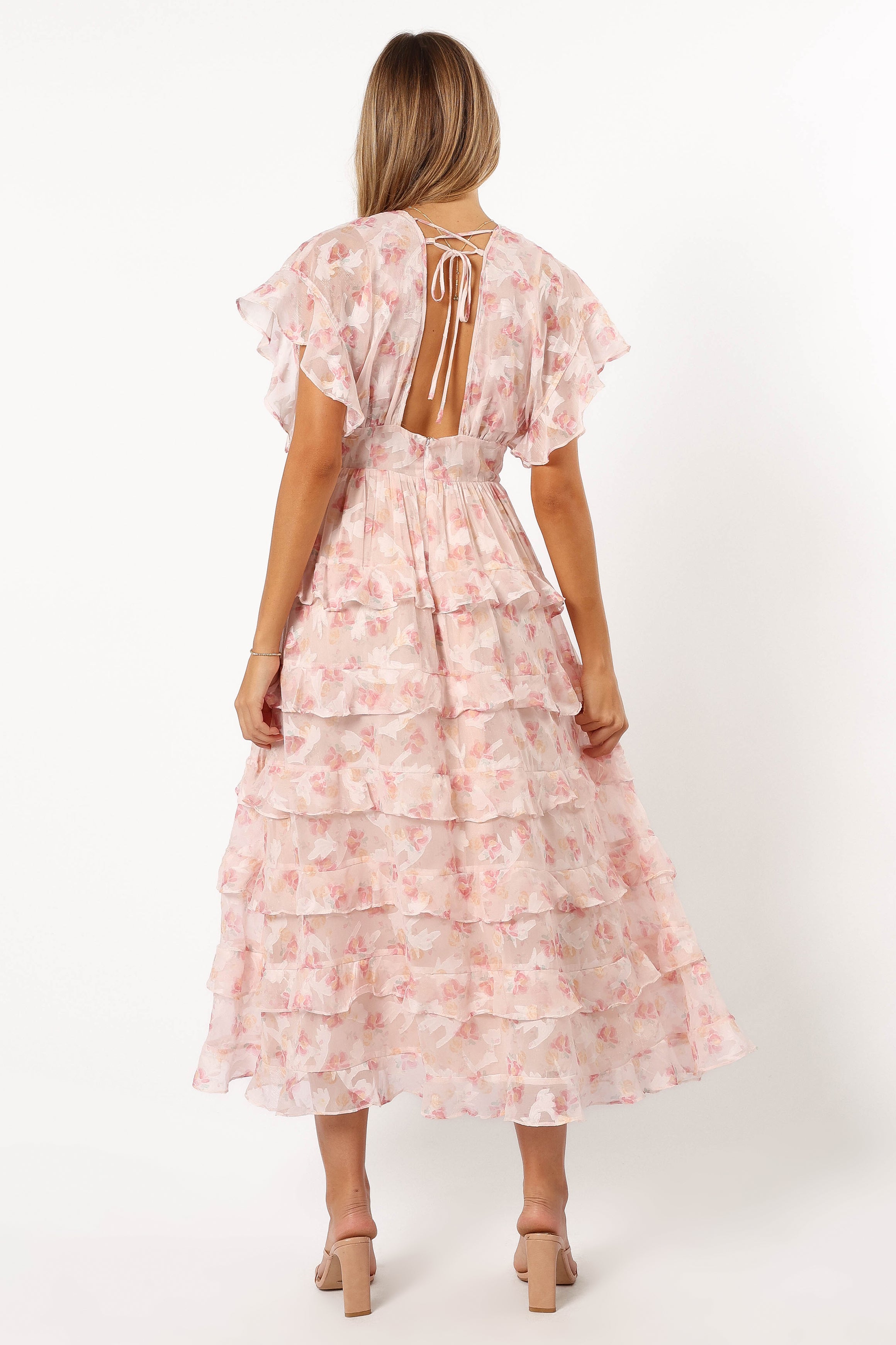 DRESSES @Daphne Ruffle Midi Dress - Pink Orange