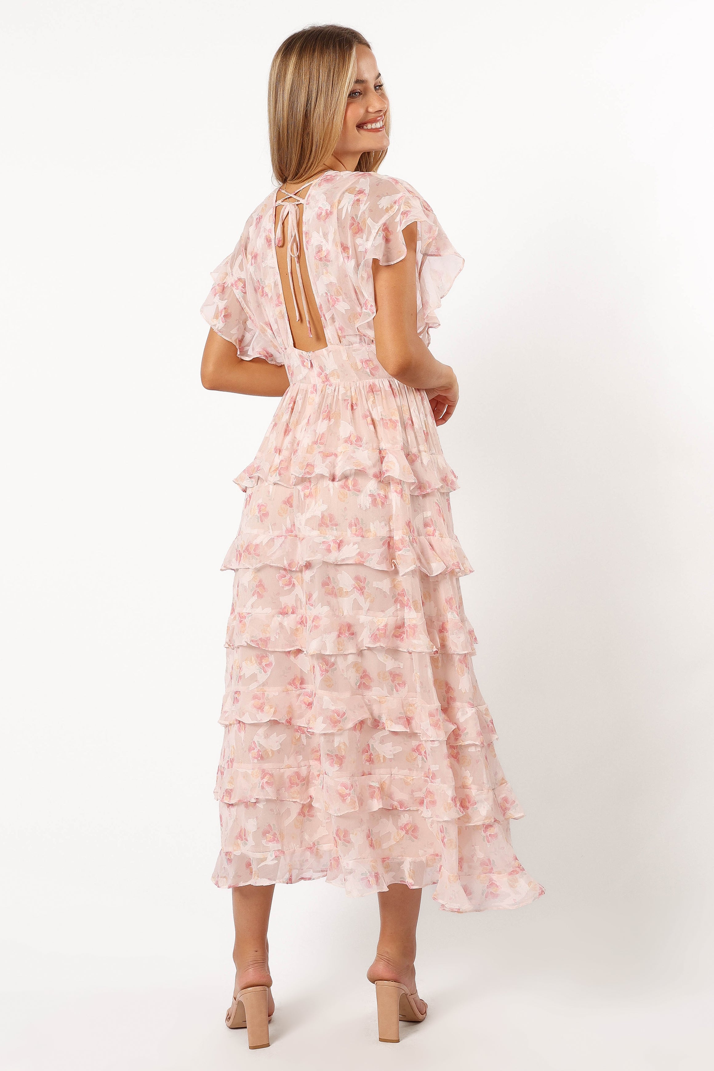 DRESSES @Daphne Ruffle Midi Dress - Pink Orange