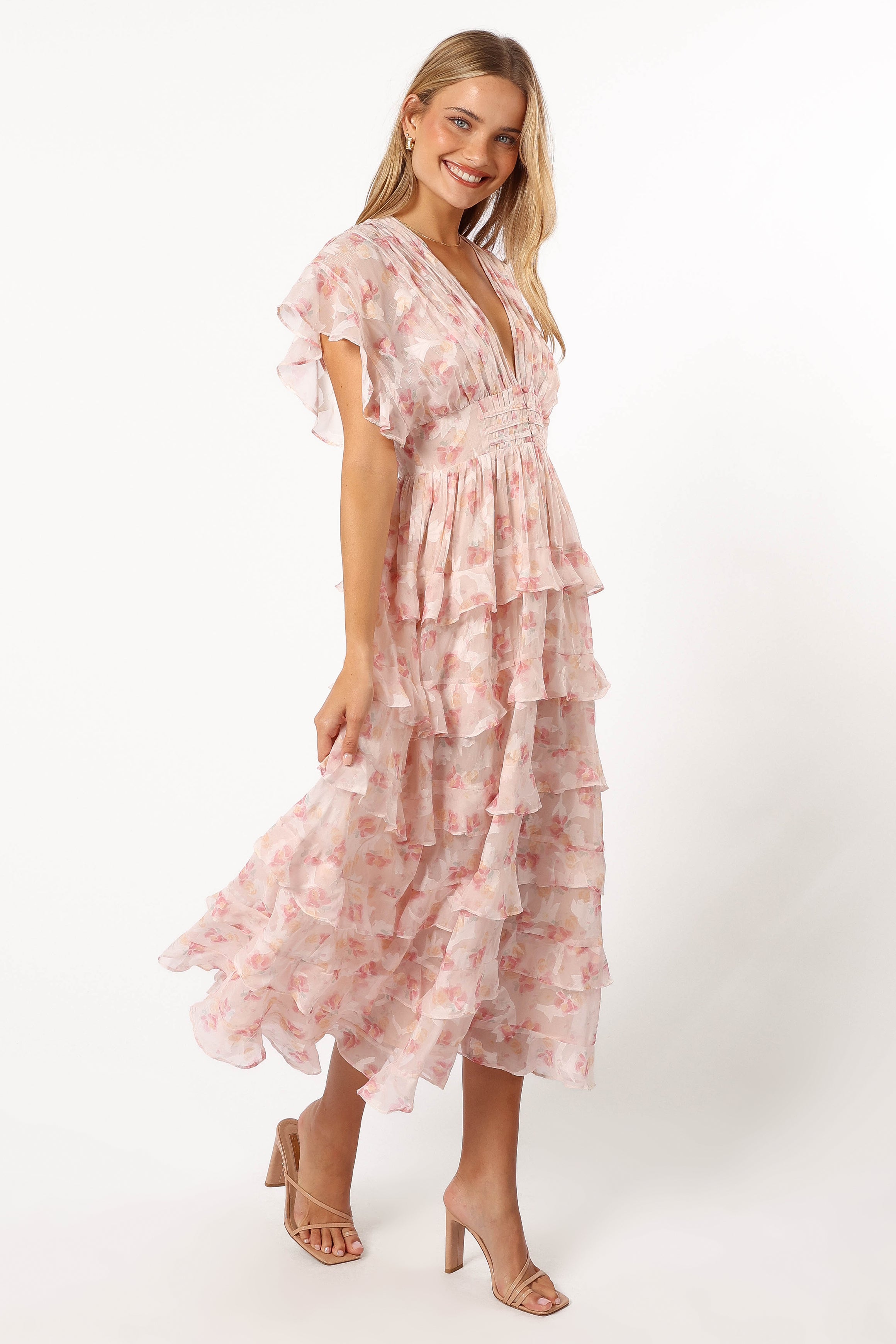 DRESSES @Daphne Ruffle Midi Dress - Pink Orange