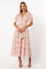 DRESSES @Daphne Ruffle Midi Dress - Pink Orange