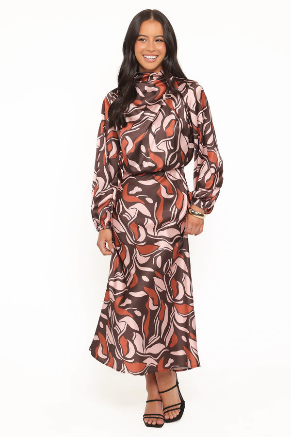 DRESSES Demire Long Sleeve Midi Dress - Brown Multi