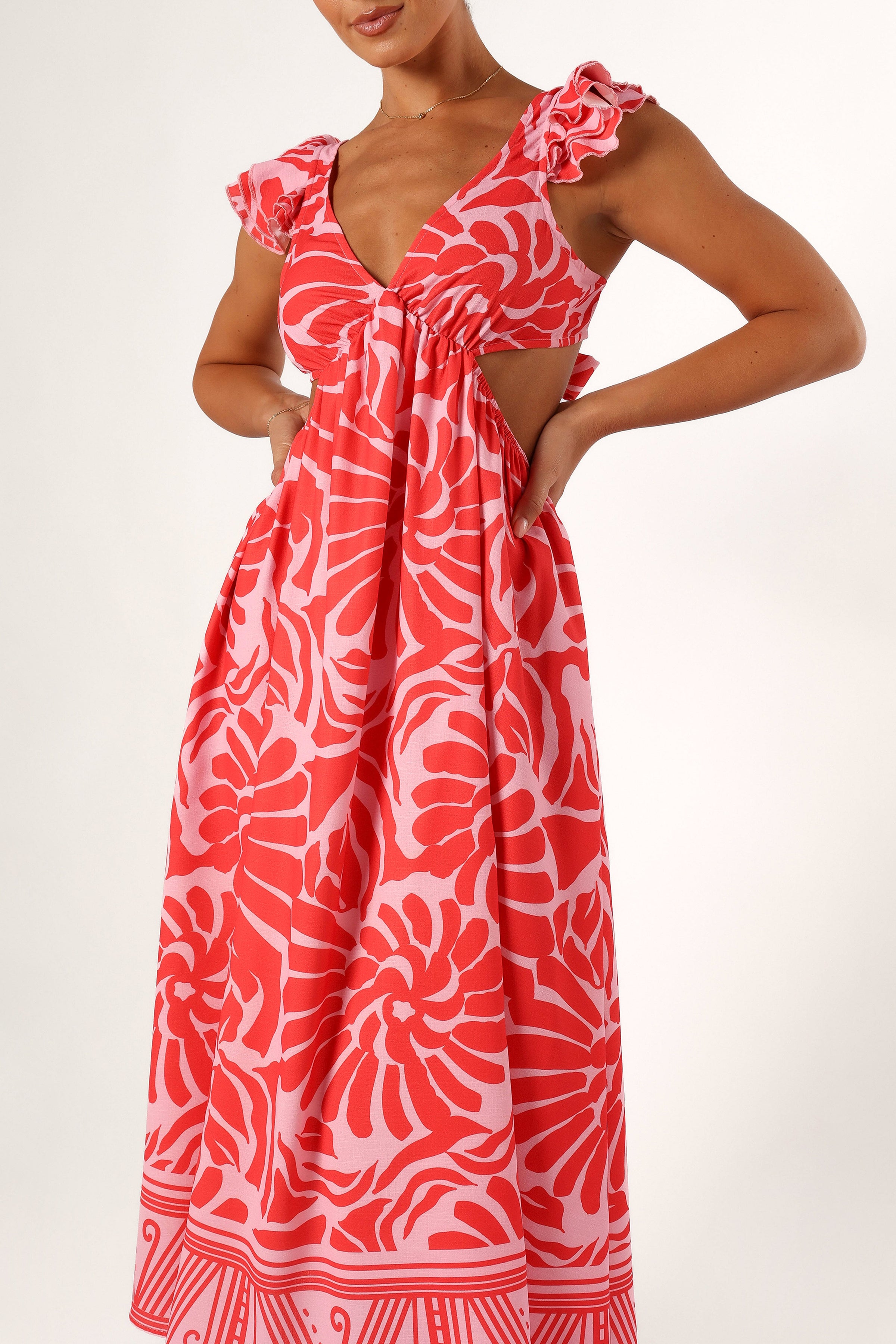 DRESSES @Denali Midi Dress - Red Pink Print