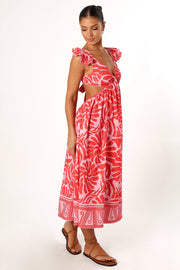 DRESSES @Denali Midi Dress - Red Pink Print