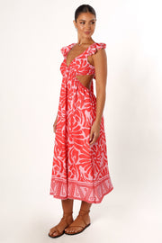 DRESSES @Denali Midi Dress - Red Pink Print